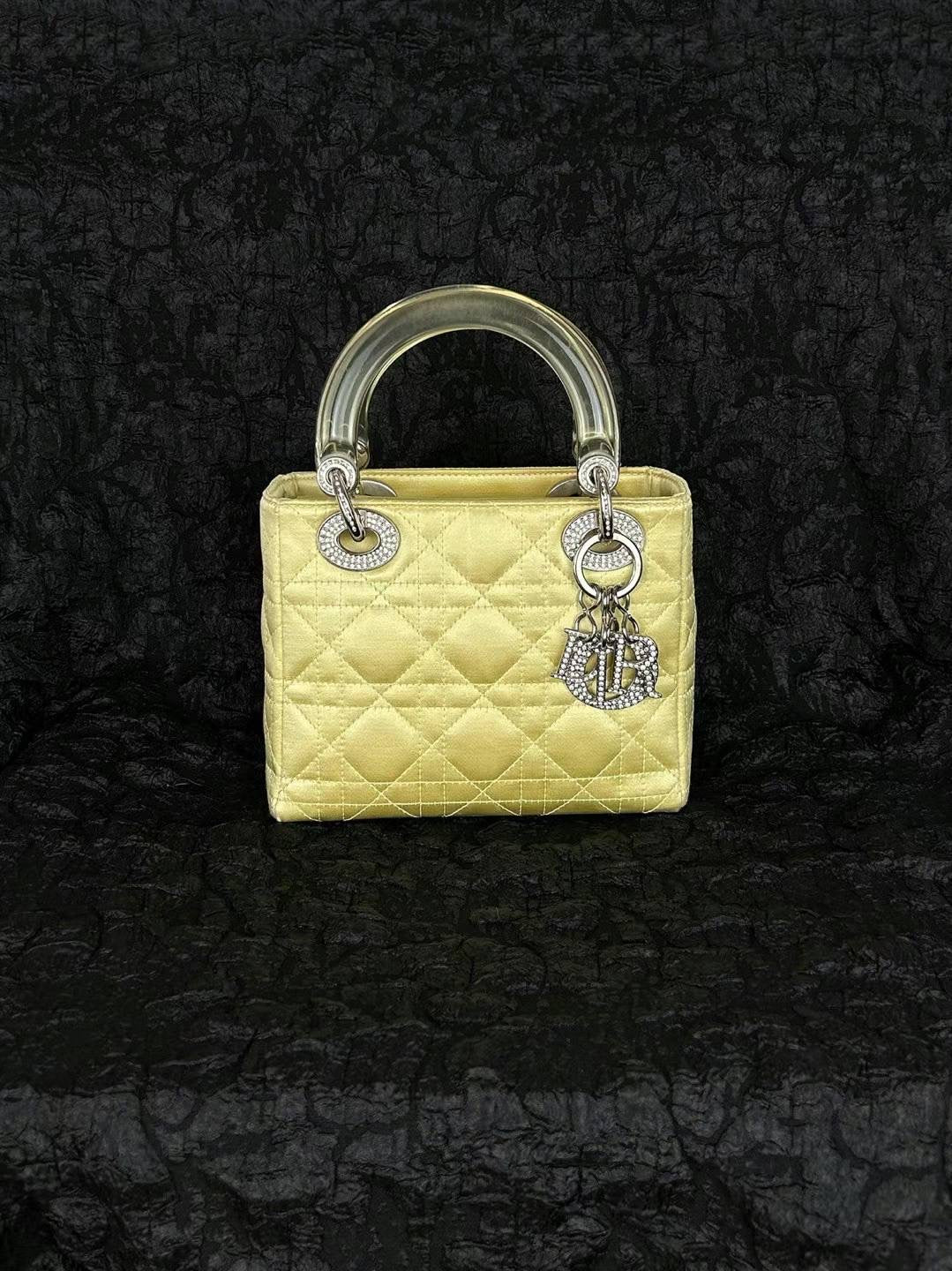 Dior Vintage Small Yellow Silk Lady Bag Rhinestone Silver Hardware