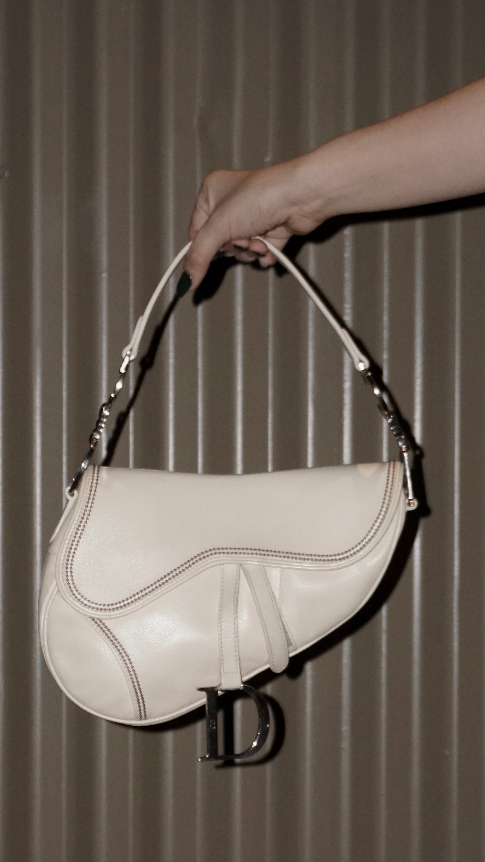 Christian Dior Vintage Cream White on white stitch Saddle bag