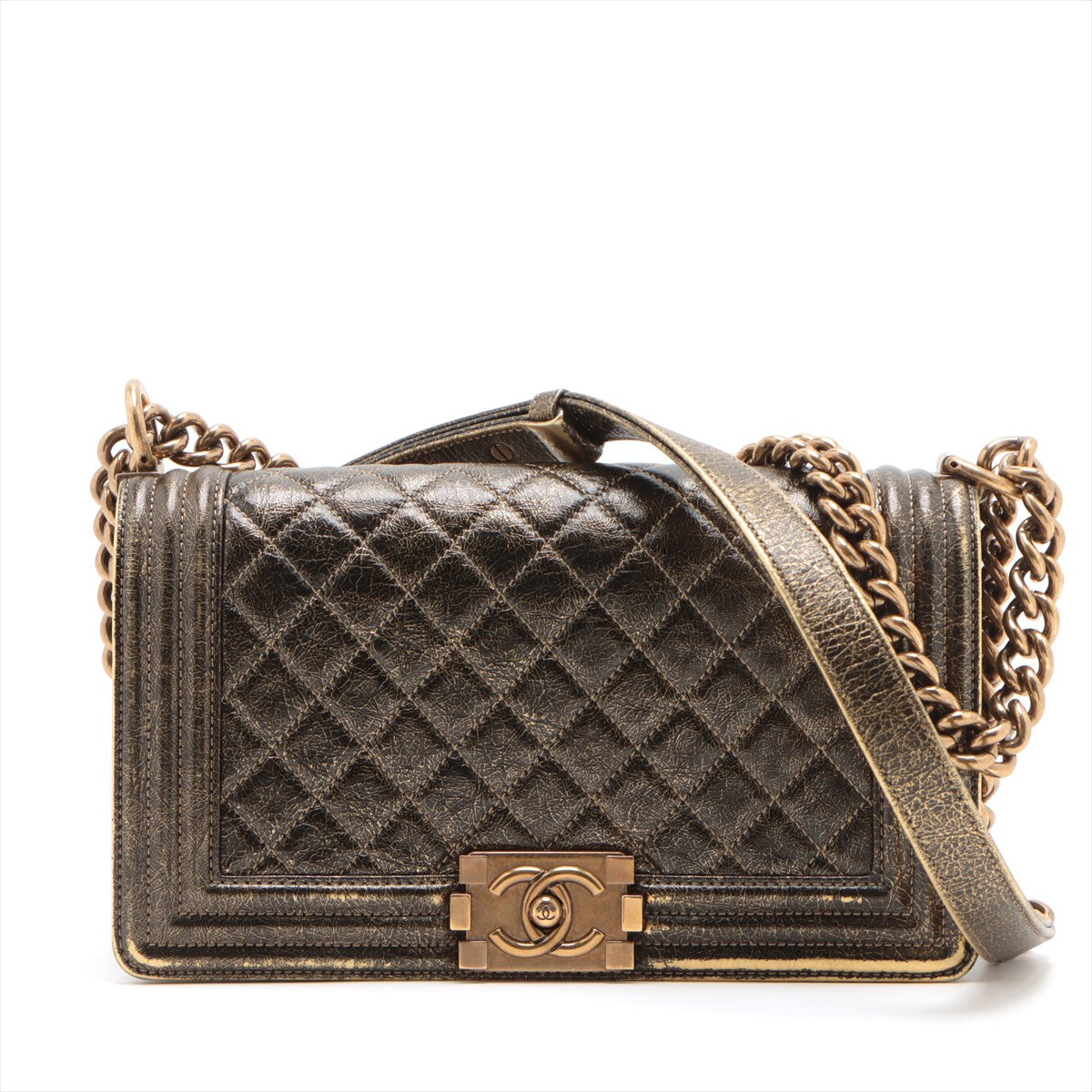 Pre-Owned Chanel BOY CHANEL 25 Leather Chain shoulder bag Black×Gold Gold Metal