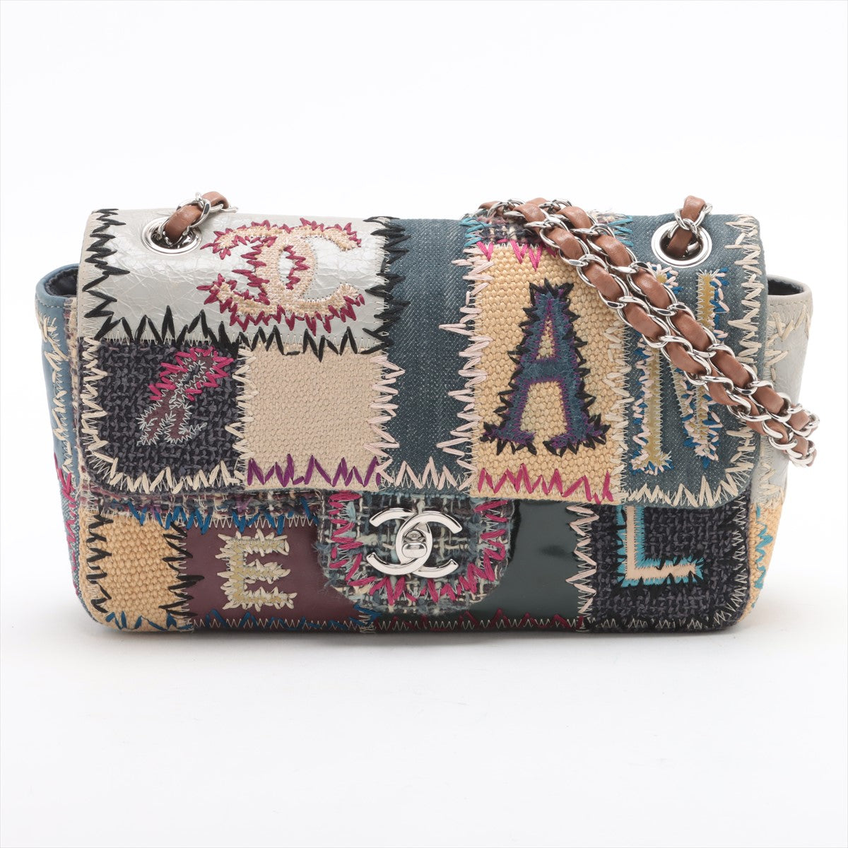 Pre-Owned Chanel 25 Denim × Patent Coco Mark Patchwork Small Single Flap Double Chain Bag Blue Silver Metal
