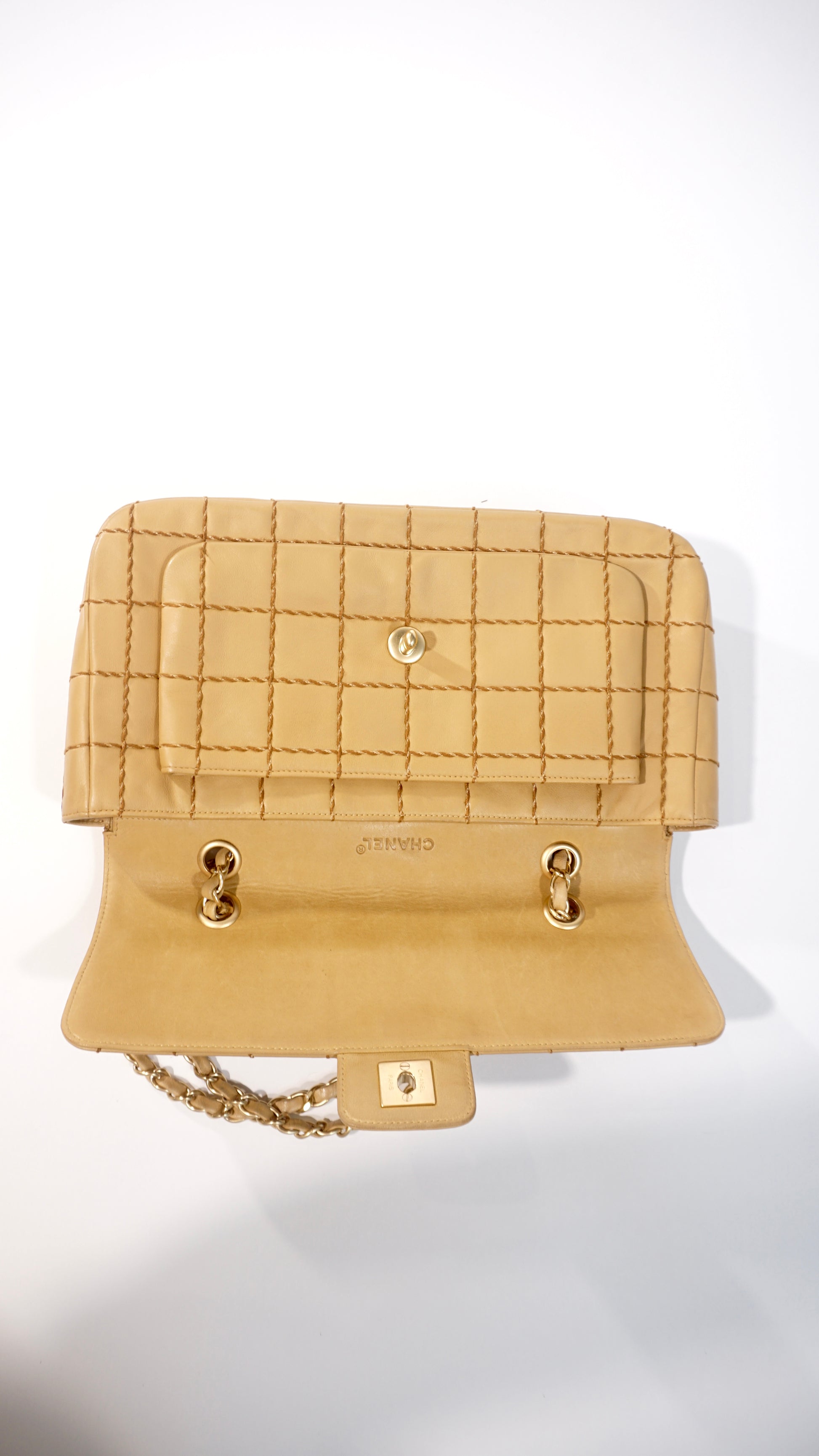 Pre-Owned Chanel Grid Stitch Classic Flap Shoulder Bag in Beige - Classic Charmers