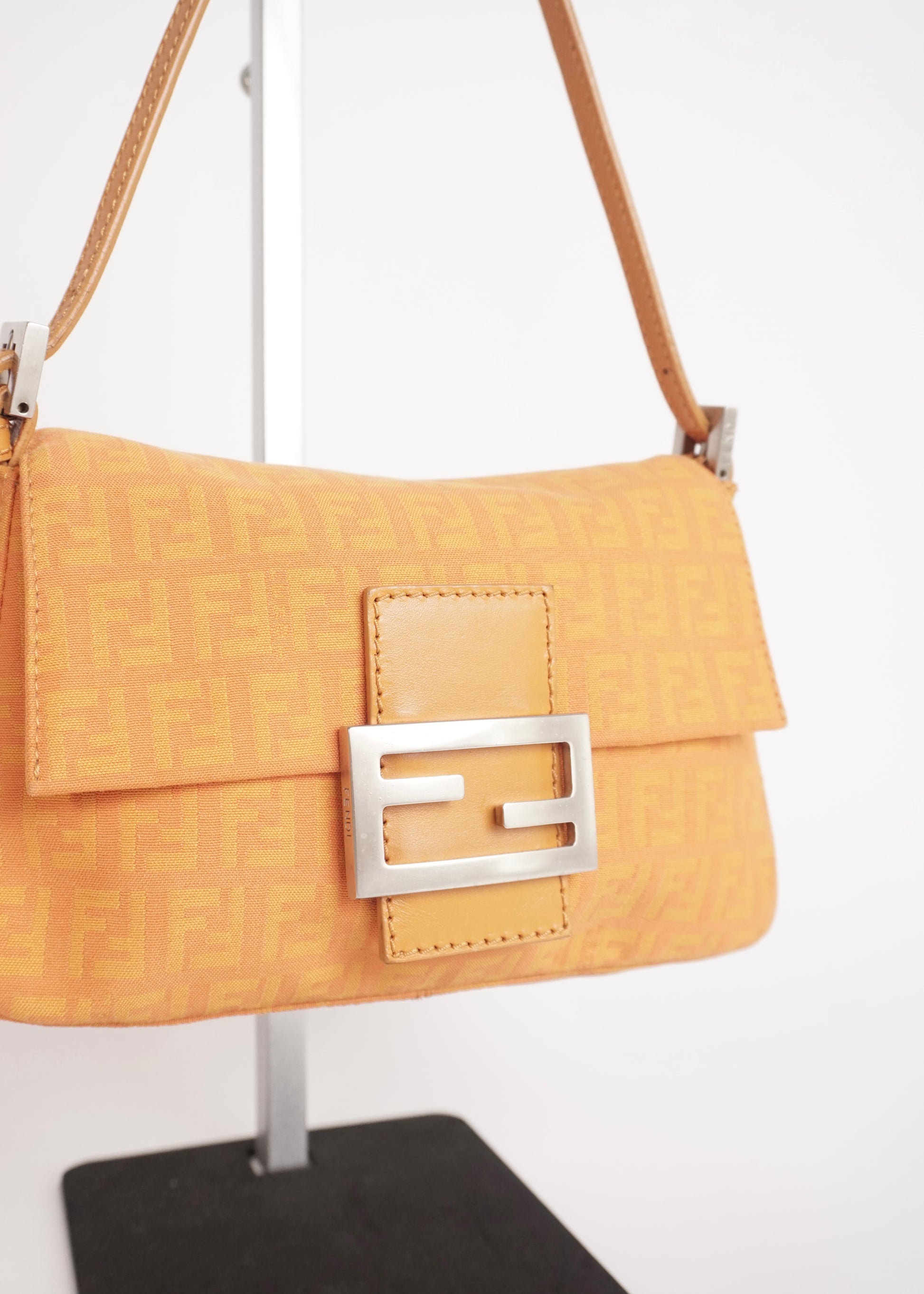 Pre-Owned Fendi Baguette Zucca Canvas Shoulder Bag Orange with Silver Hardware - Classic Charmers