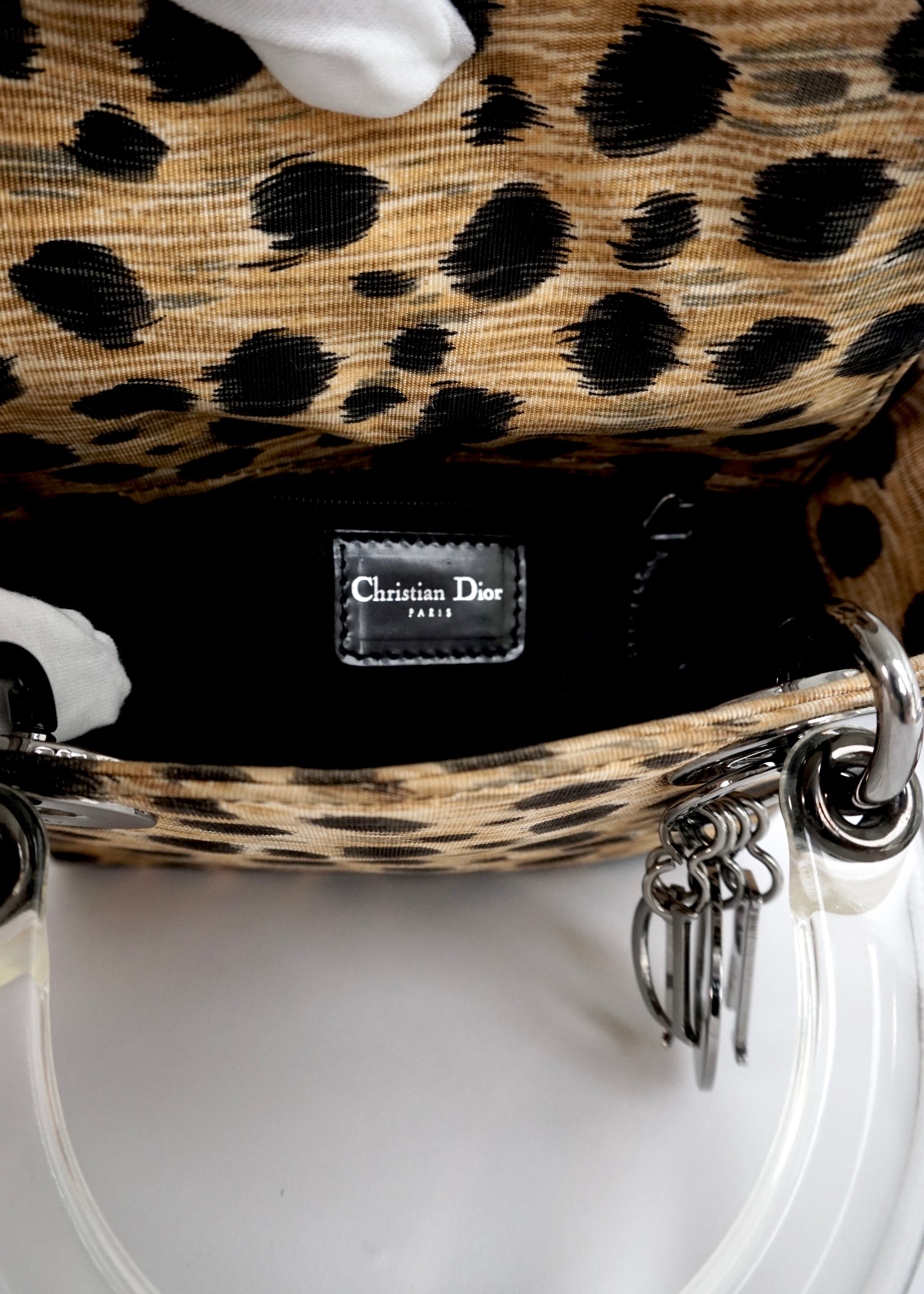 Pre-Owned Christian Dior Lady mini Dior Leopard-Print Leather 2-Way Handbag with Acrylic Handles - Classic Charmers