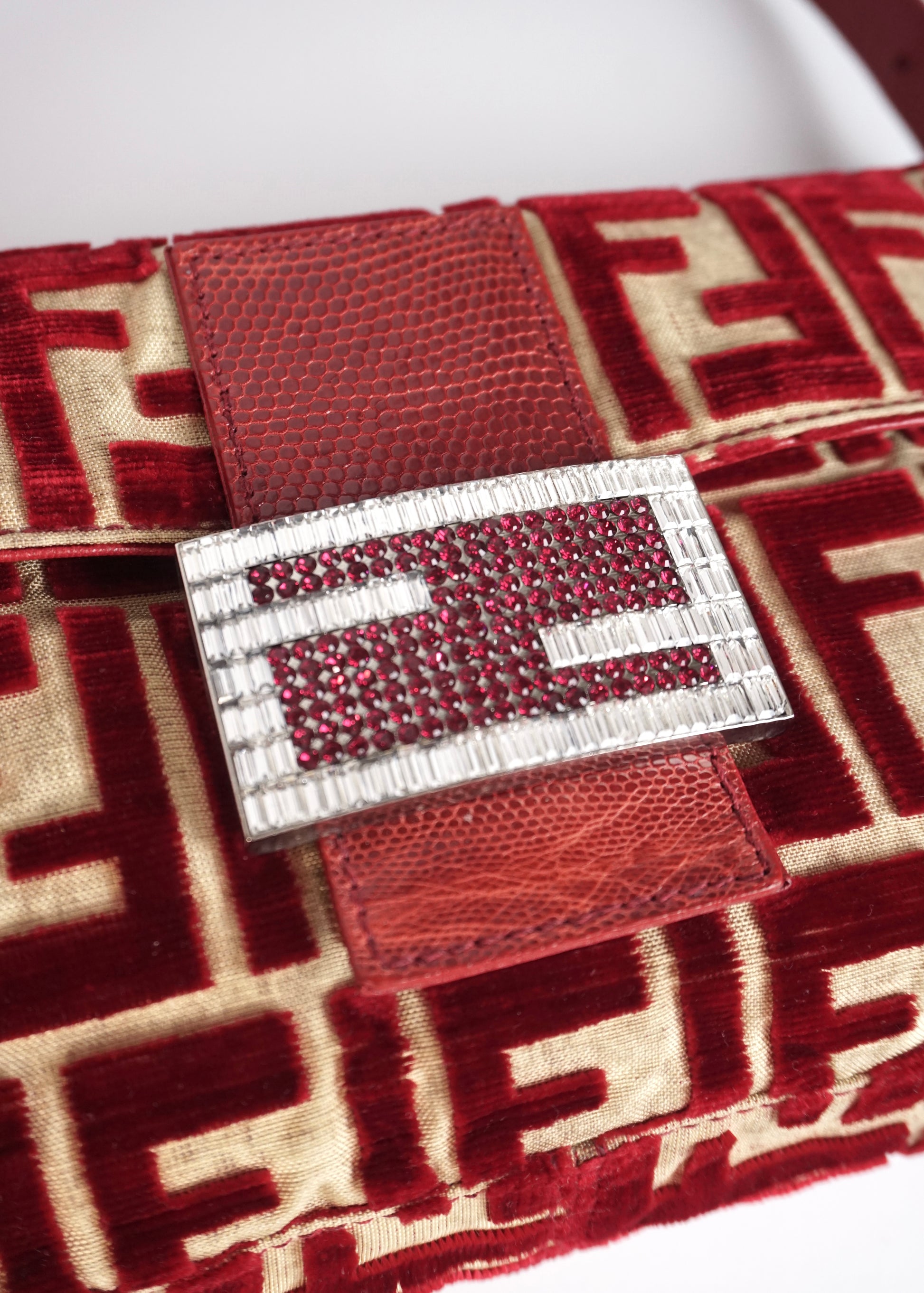 Pre-Owned Fendi Baguette Velvet Zucca Monogram Shoulder Bag Red with Rhinestone FF Buckle - Classic Charmers