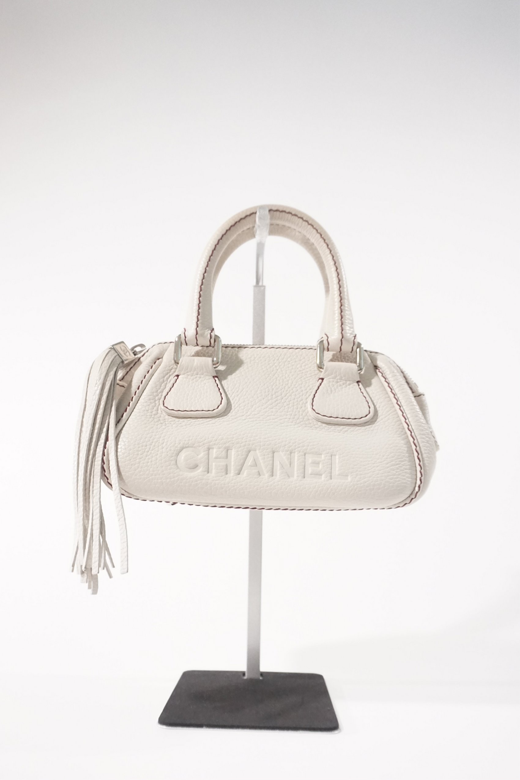 Chanel White Caviar Leather Tassel Boston Bag 