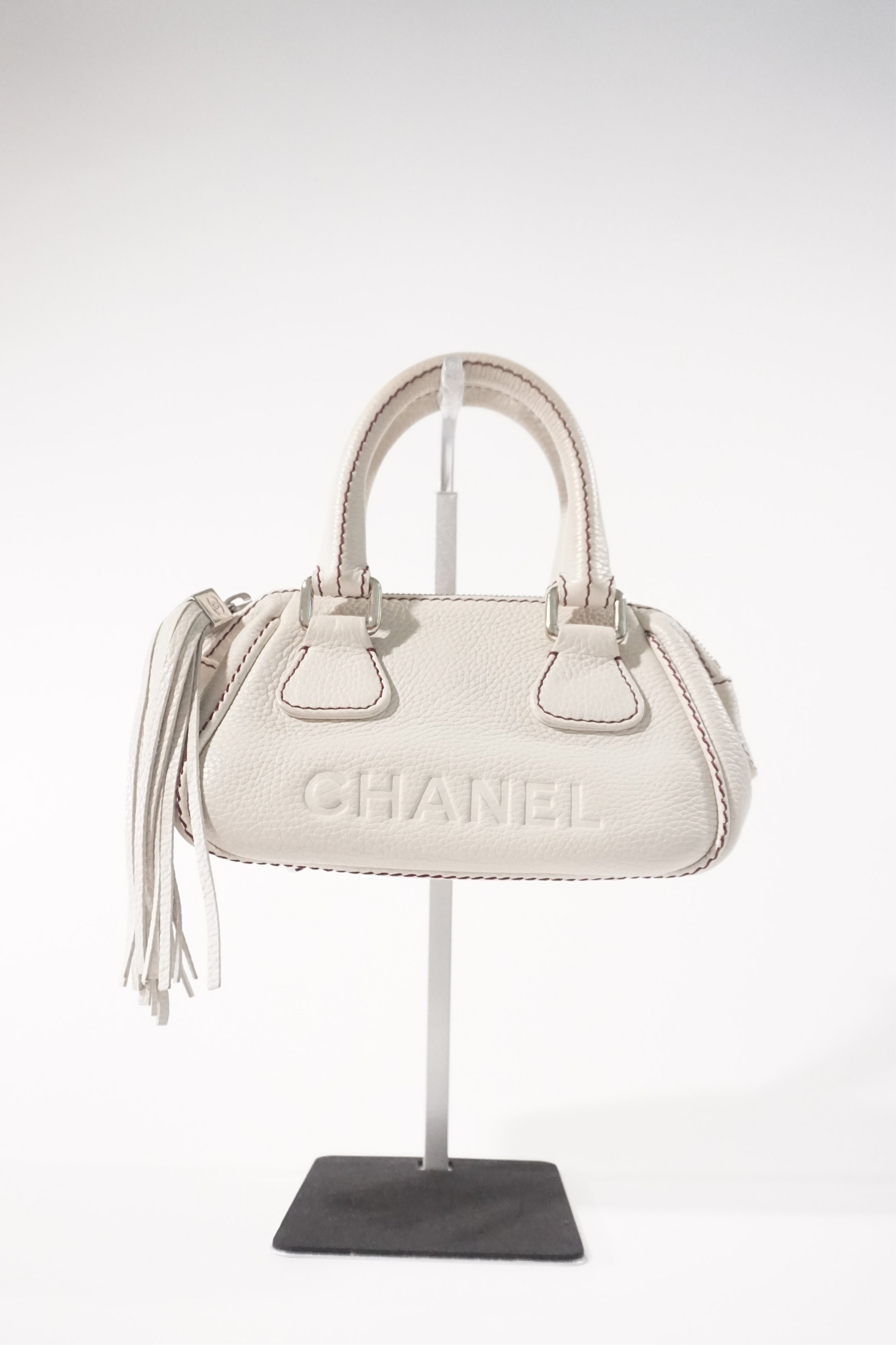 Chanel White Caviar Leather Tassel Boston Bag 