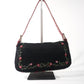 Pre-Owned Fendi Baguette Beaded Floral Embroidery Satin Bag with Red Strap