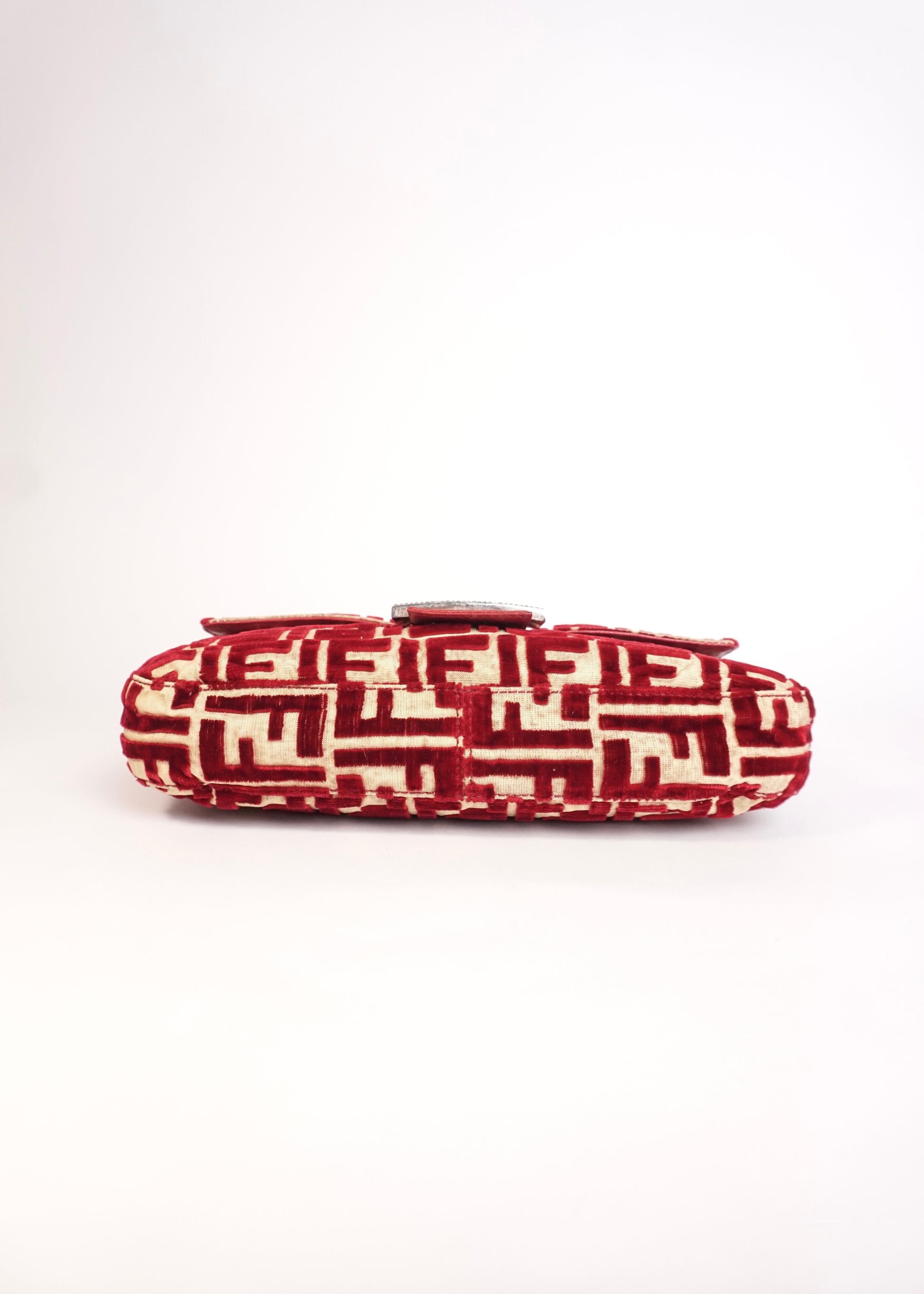 Pre-Owned Fendi Baguette Velvet Zucca Monogram Shoulder Bag Red with Rhinestone FF Buckle - Classic Charmers