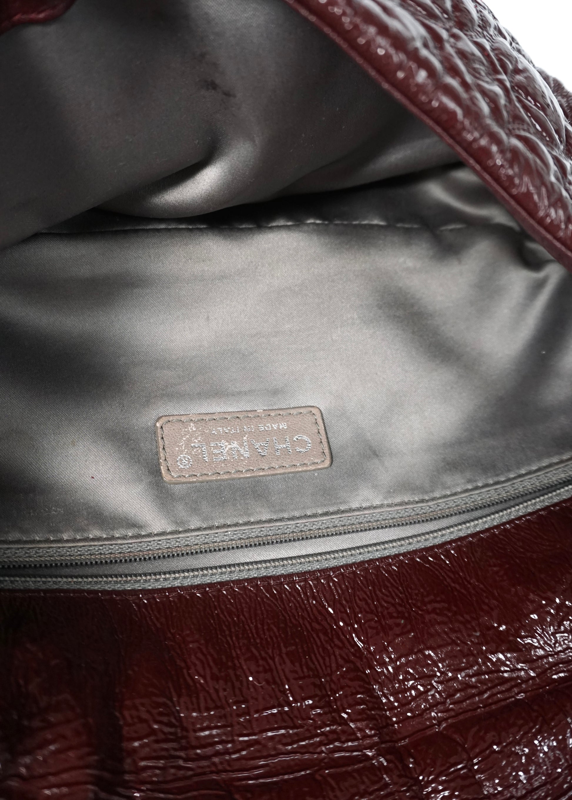 Pre-Owned Chanel Classic Flap Bag Quilted Crinkled Patent Leather Burgundy - Classic Charmers