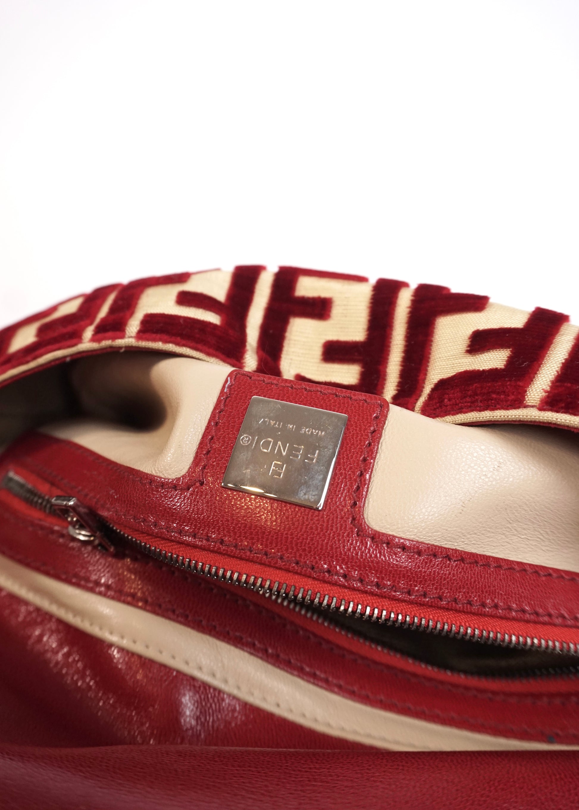 Pre-Owned Fendi Baguette Velvet Zucca Monogram Shoulder Bag Red with Rhinestone FF Buckle - Classic Charmers