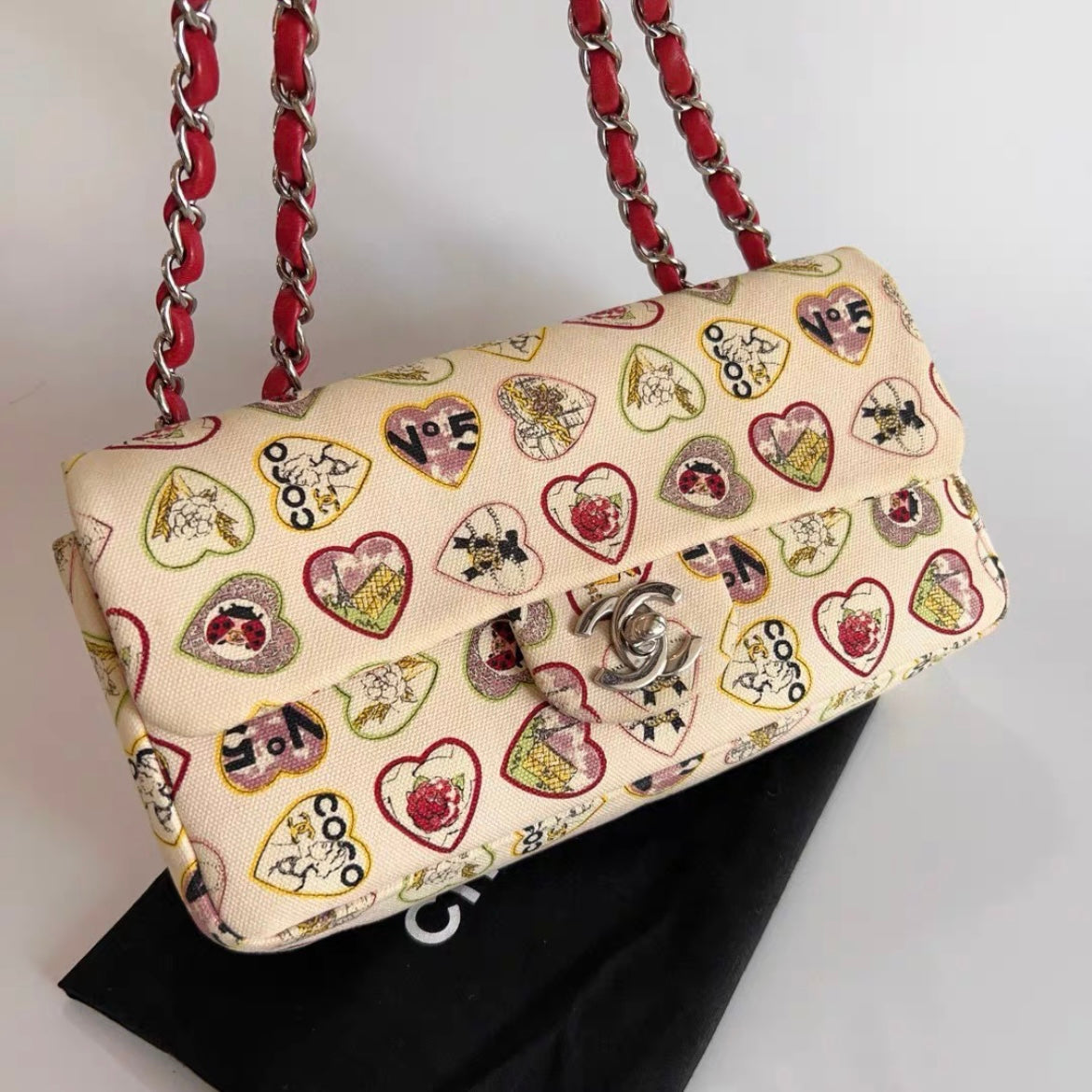 CHANEL Vintage Timeless Coco Flap Bag heart in Beige Canvas