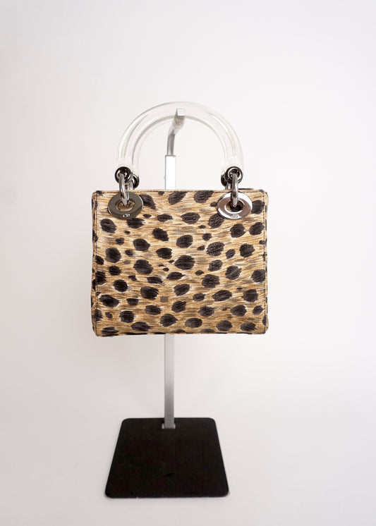 Pre-Owned Christian Dior Lady mini Dior Leopard-Print Leather 2-Way Handbag with Acrylic Handles - Classic Charmers