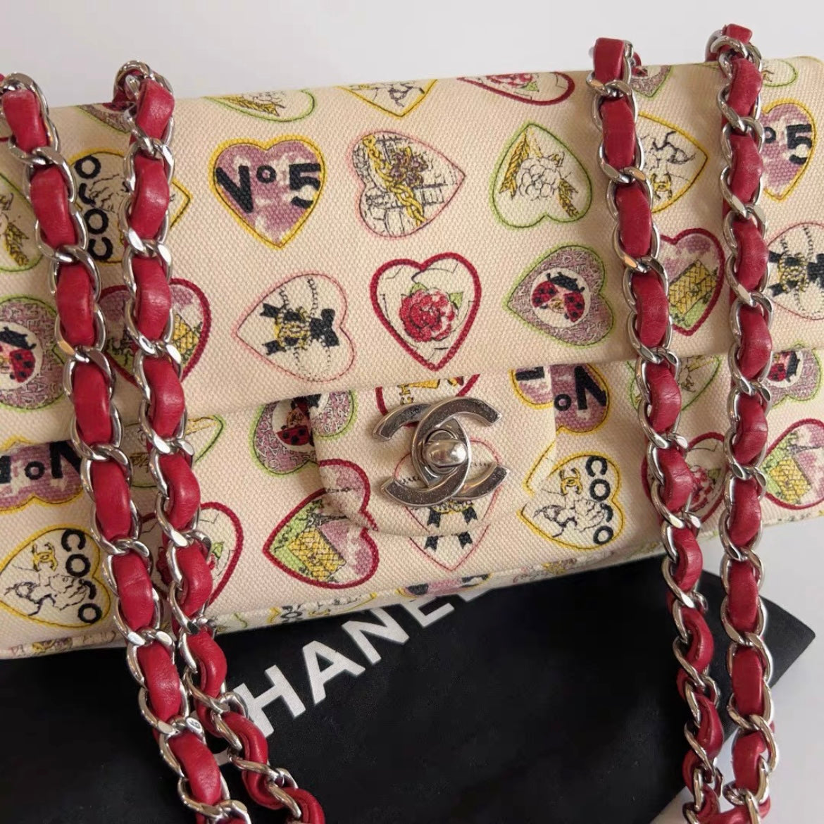 CHANEL Vintage Timeless Coco Flap Bag heart in Beige Canvas