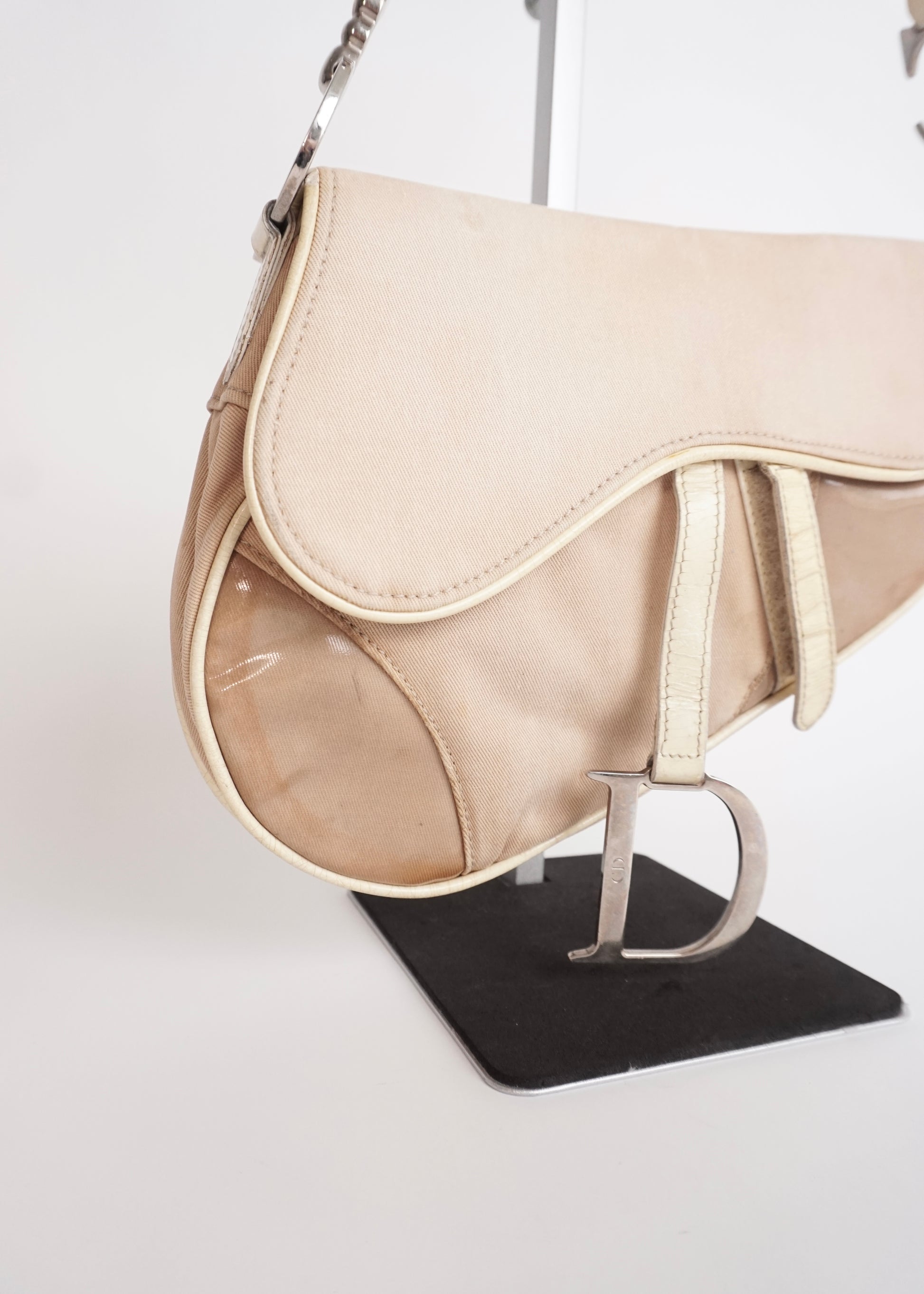 Pre-Owned Christian Dior Saddle Bag Canvas with Leather Trim Beige - Classic Charmers