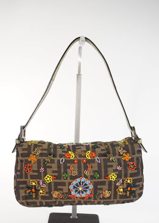Pre-Owned Fendi Floral Beaded Zucca Baguette Bag