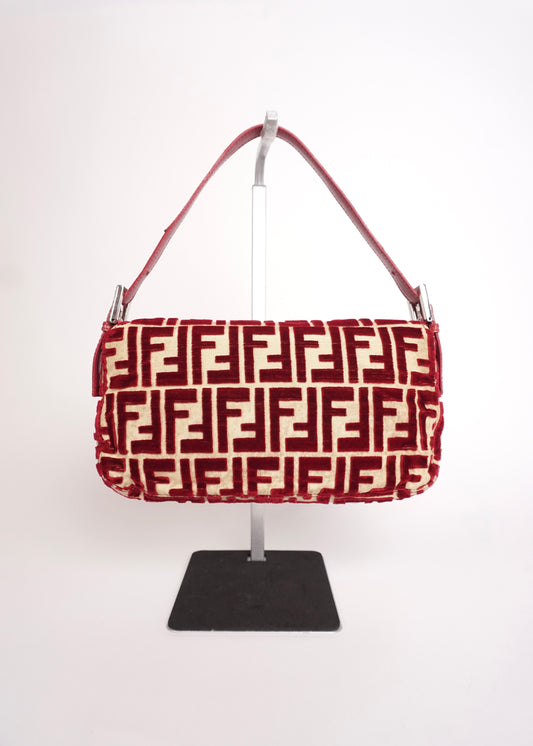 Pre-Owned Fendi Baguette Velvet Zucca Monogram Shoulder Bag Red with Rhinestone FF Buckle - Classic Charmers