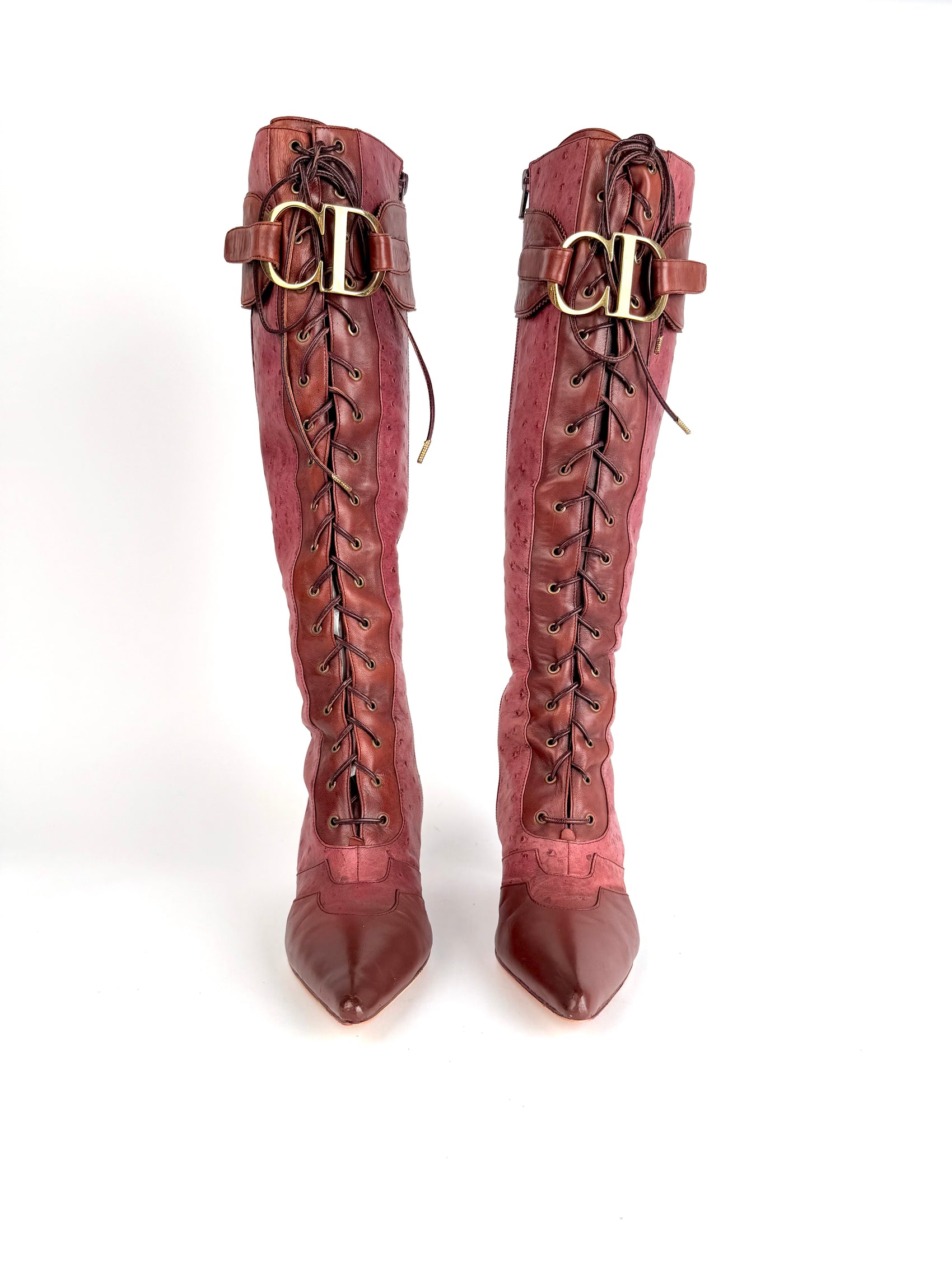 Christian Dior Galliano Era CD Buckle Ostrich Leather Lace-Up Knee-High Boots Burgundy size 37