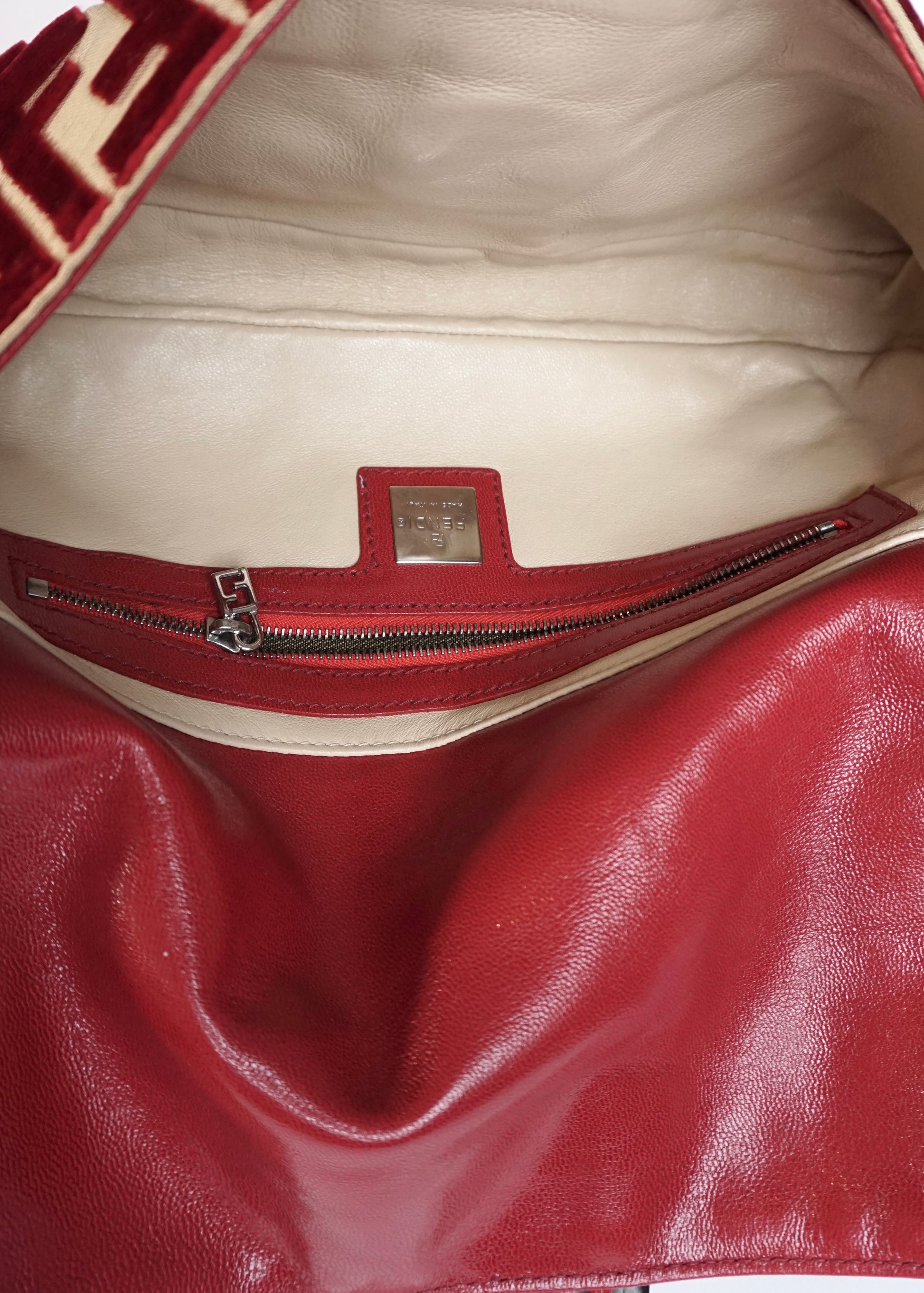 Pre-Owned Fendi Baguette Velvet Zucca Monogram Shoulder Bag Red with Rhinestone FF Buckle - Classic Charmers
