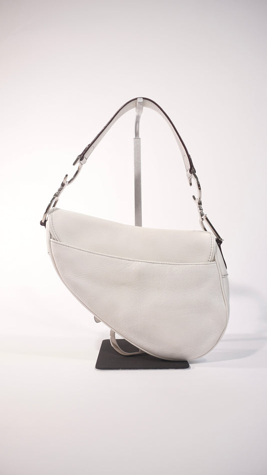 Pre-Owned Christian Dior White Leather Saddle Bag with Silver Hardware