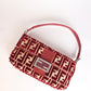 Pre-Owned Fendi Baguette Velvet Zucca Monogram Shoulder Bag Red with Rhinestone FF Buckle - Classic Charmers
