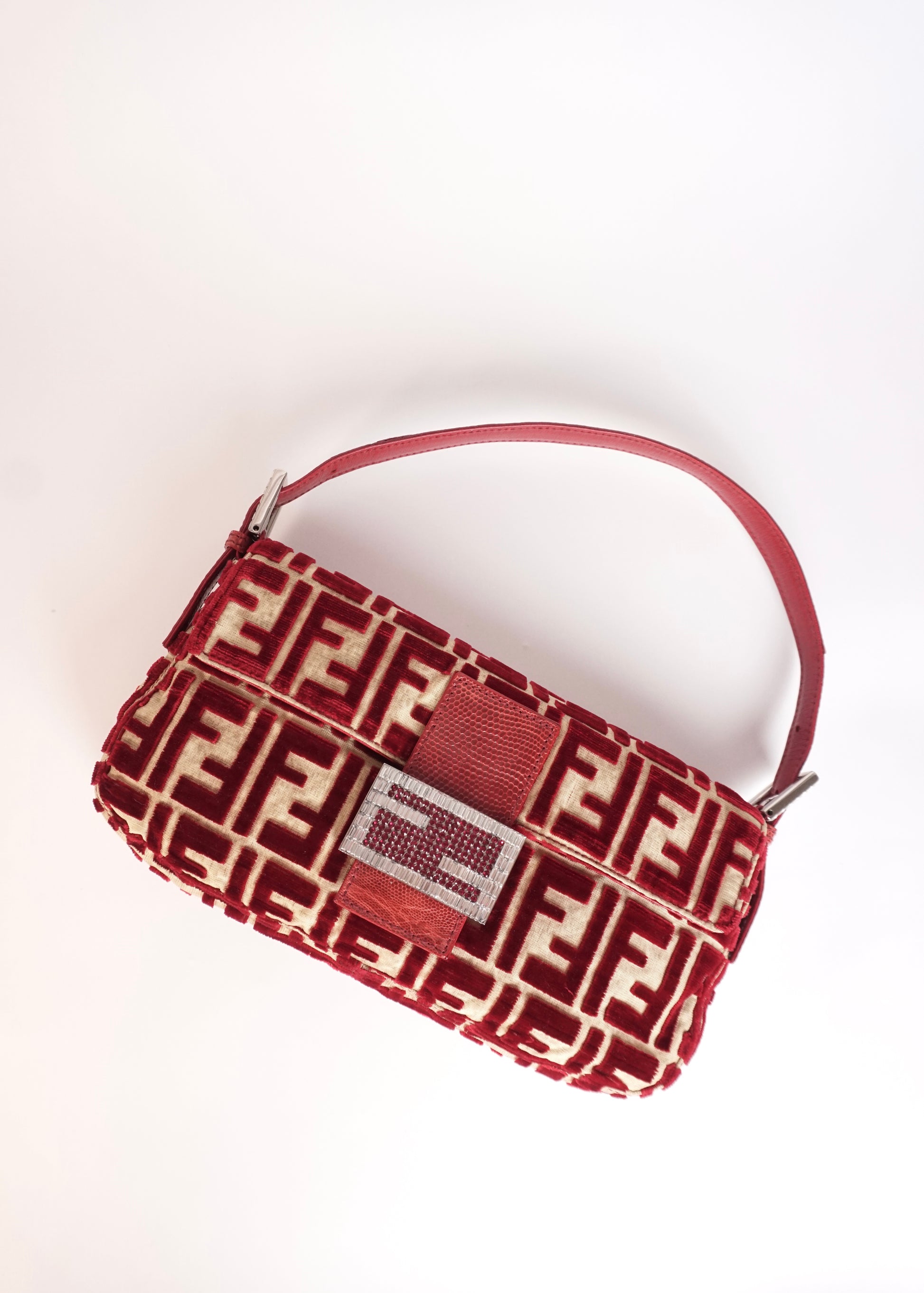 Pre-Owned Fendi Baguette Velvet Zucca Monogram Shoulder Bag Red with Rhinestone FF Buckle - Classic Charmers