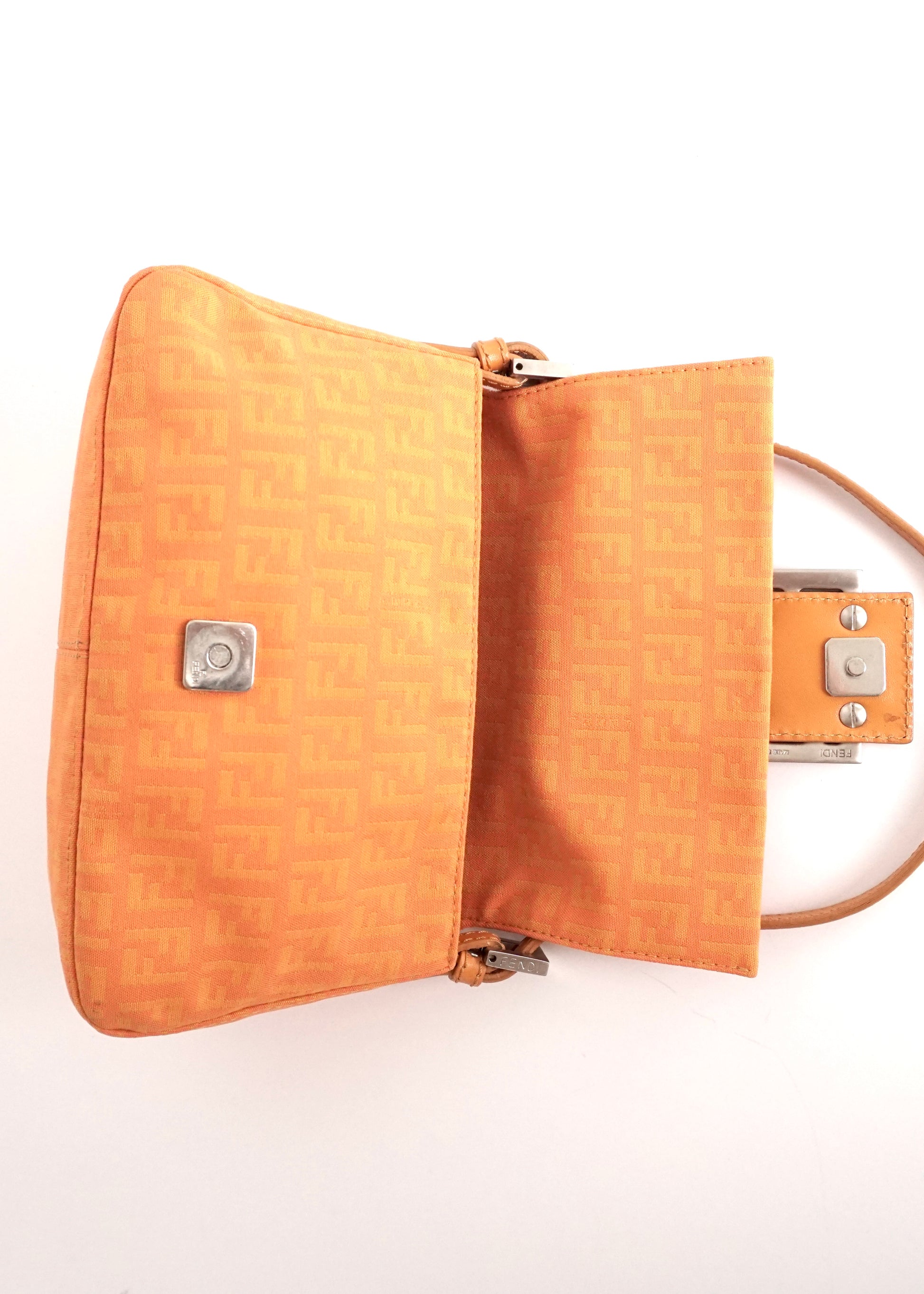 Pre-Owned Fendi Baguette Zucca Canvas Shoulder Bag Orange with Silver Hardware - Classic Charmers