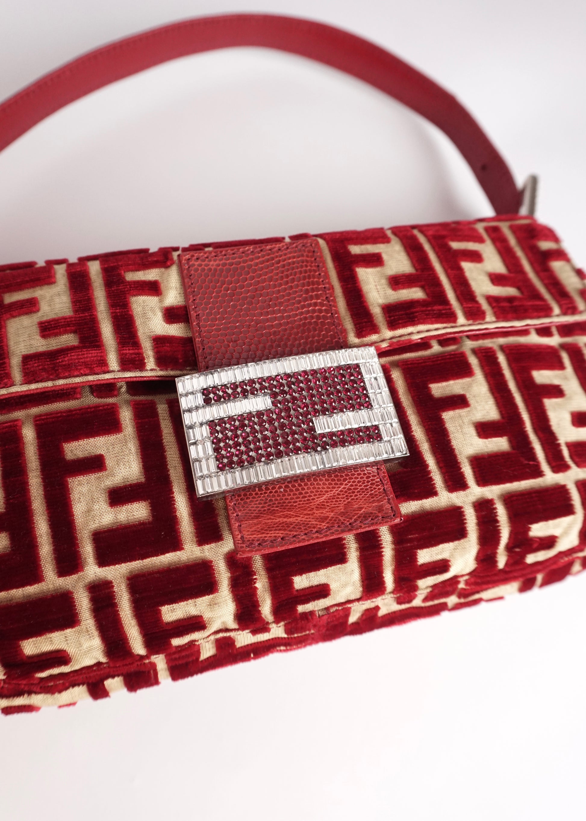 Pre-Owned Fendi Baguette Velvet Zucca Monogram Shoulder Bag Red with Rhinestone FF Buckle - Classic Charmers