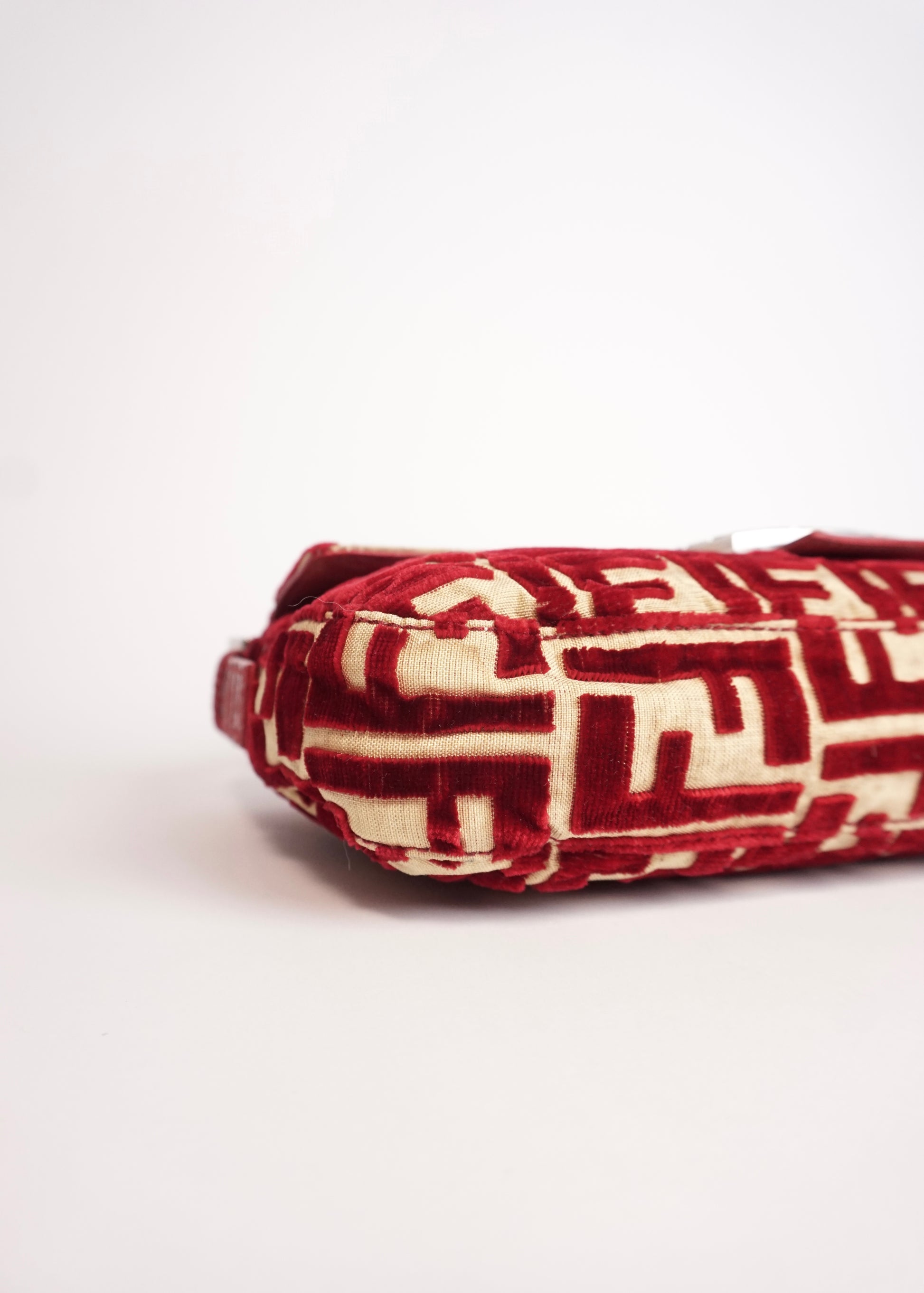 Pre-Owned Fendi Baguette Velvet Zucca Monogram Shoulder Bag Red with Rhinestone FF Buckle - Classic Charmers