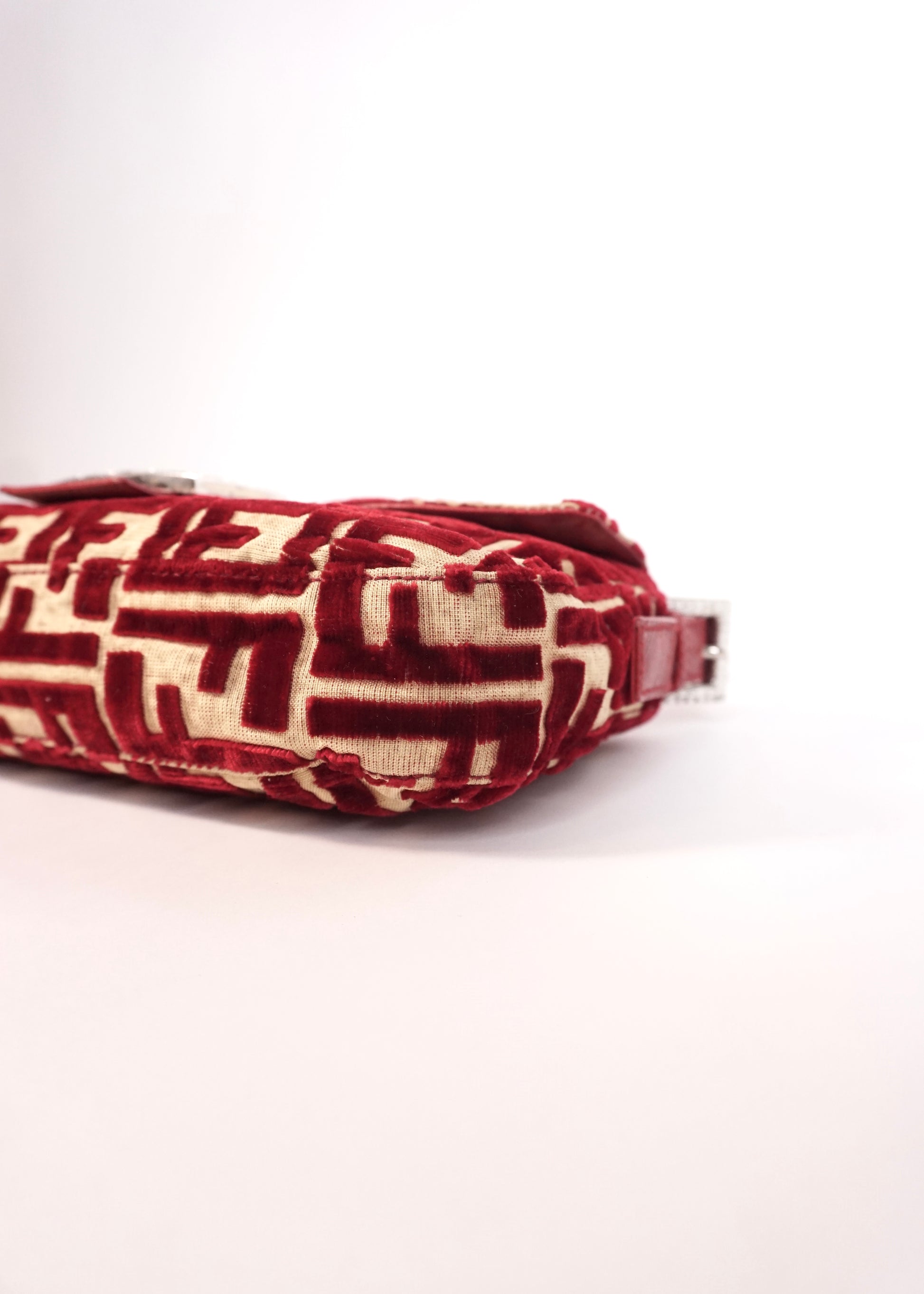Pre-Owned Fendi Baguette Velvet Zucca Monogram Shoulder Bag Red with Rhinestone FF Buckle - Classic Charmers