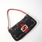 Pre-Owned Fendi Baguette Beaded Floral Embroidery Satin Bag with Red Strap