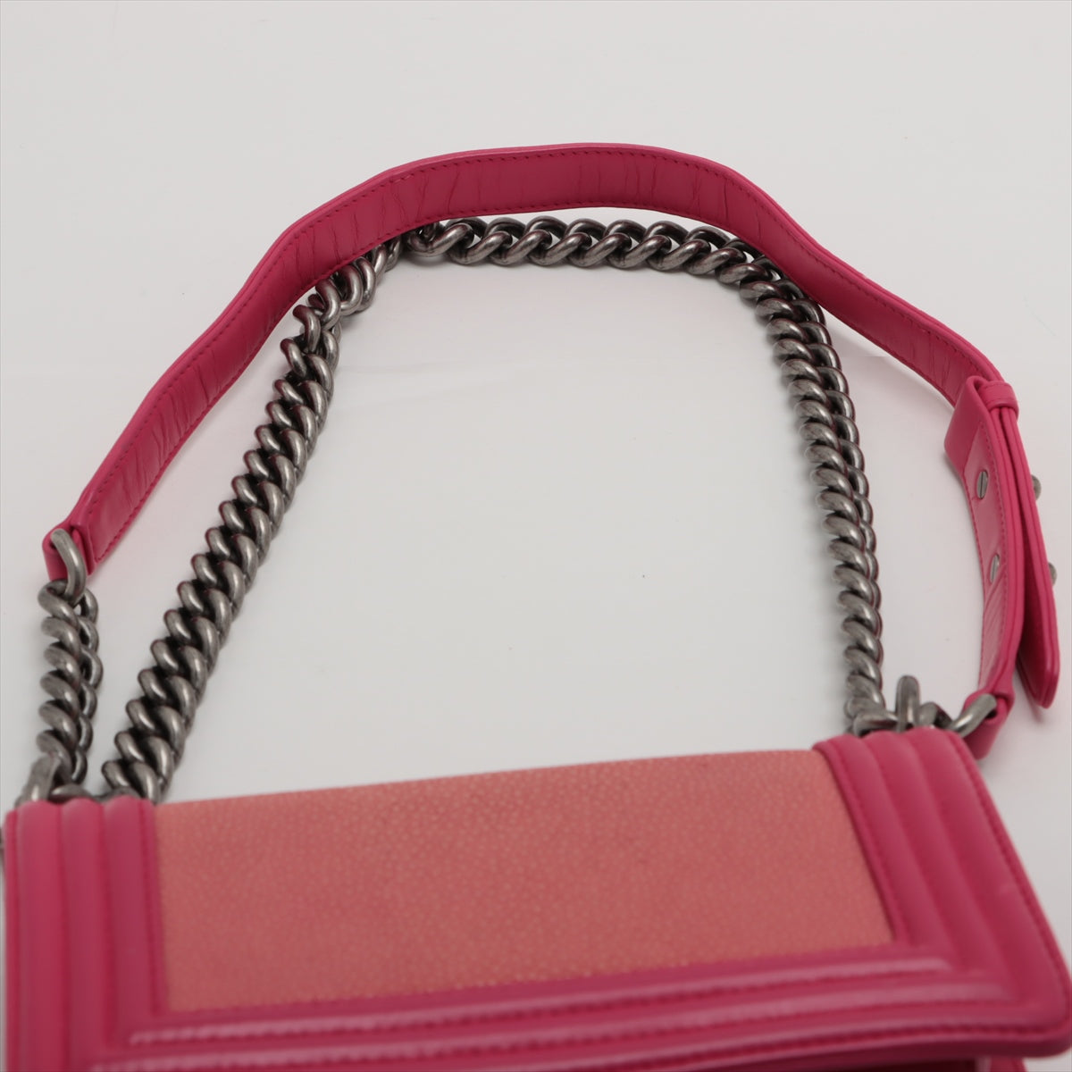 Pre-Owned Chanel Boy Chanel 20 Small Galuchat Chain Shoulder Bag Pink Silver Metal