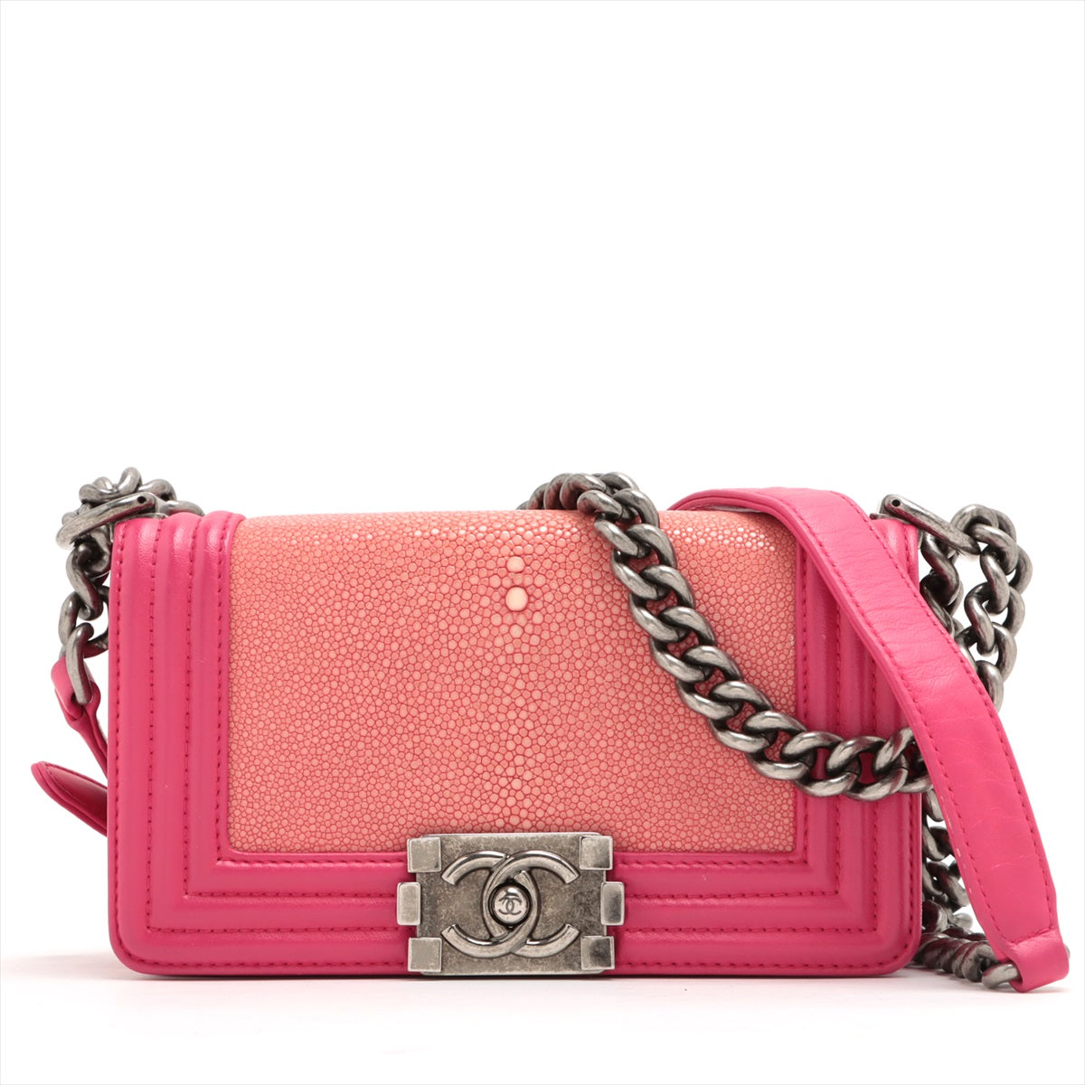 Pre-Owned Chanel Boy Chanel 20 Small Galuchat Chain Shoulder Bag Pink Silver Metal