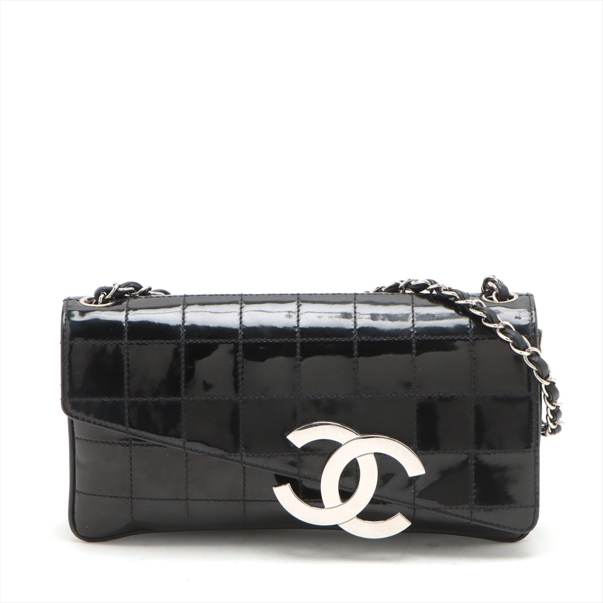 Pre-Owned Chanel Chocolate Bar Patent Leather Single Flap Single Chain Bag Black Silver