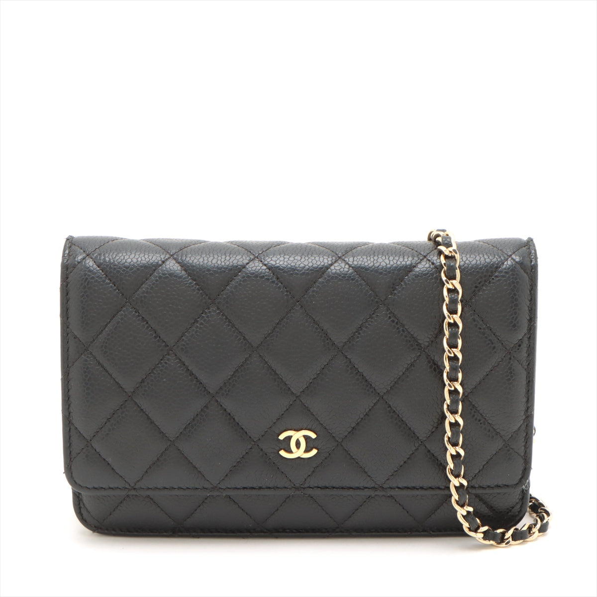 Pre-Owned Chanel Caviar leather Wallet on Chain  Black Gold Metal