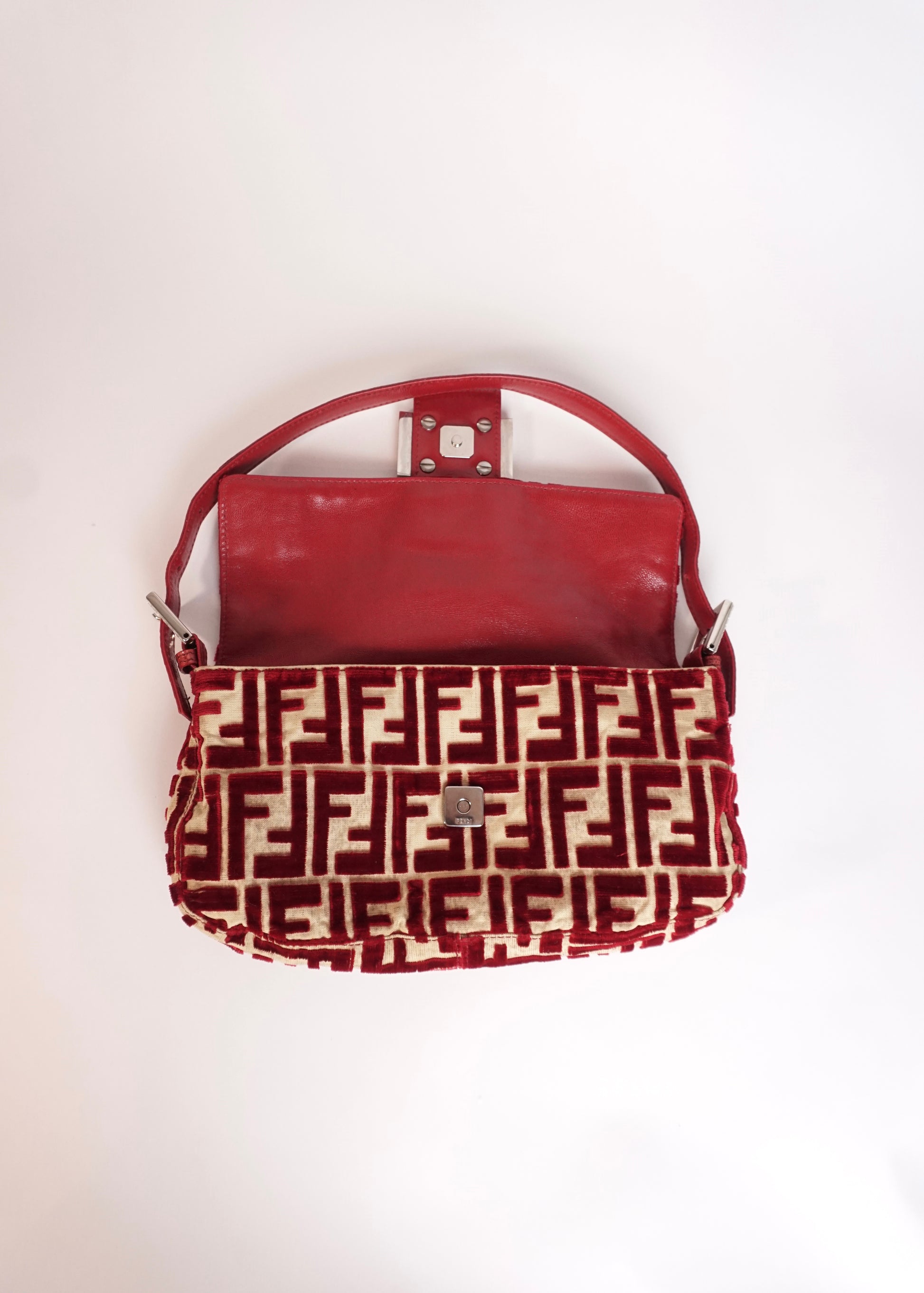 Pre-Owned Fendi Baguette Velvet Zucca Monogram Shoulder Bag Red with Rhinestone FF Buckle - Classic Charmers