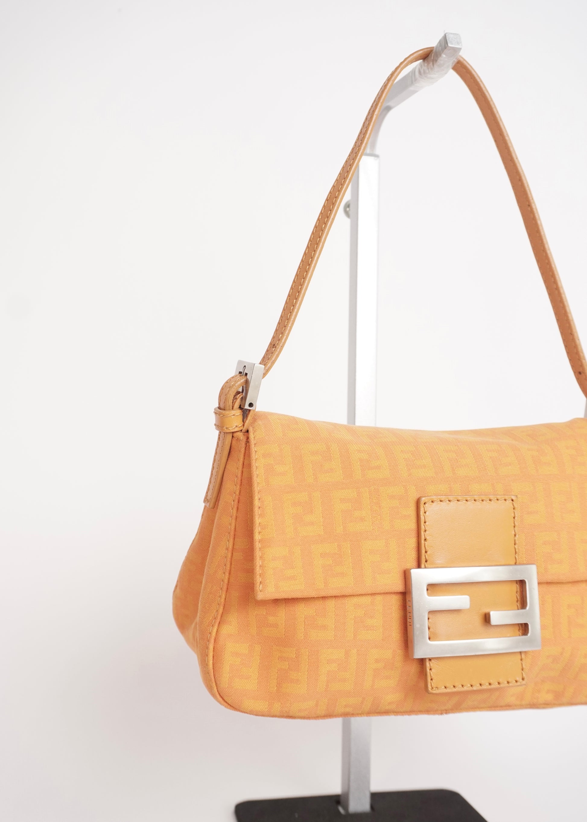 Pre-Owned Fendi Baguette Zucca Canvas Shoulder Bag Orange with Silver Hardware - Classic Charmers