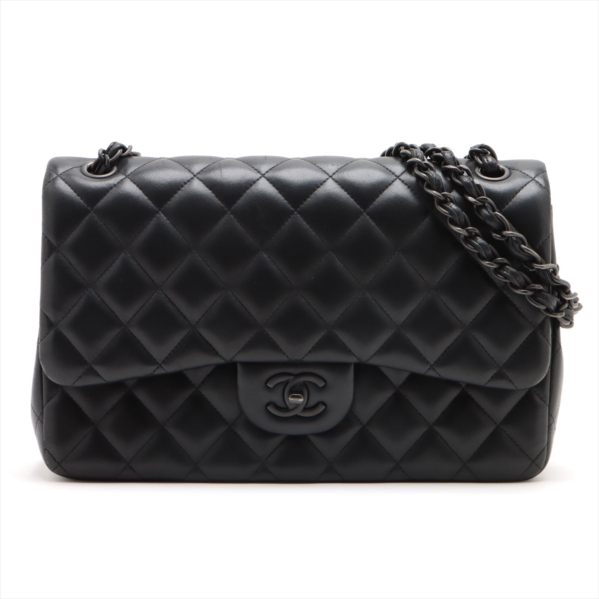 Pre-Owned Chanel DEKAMATRASSE 30 so black jumbo Lambskin Double classic flap