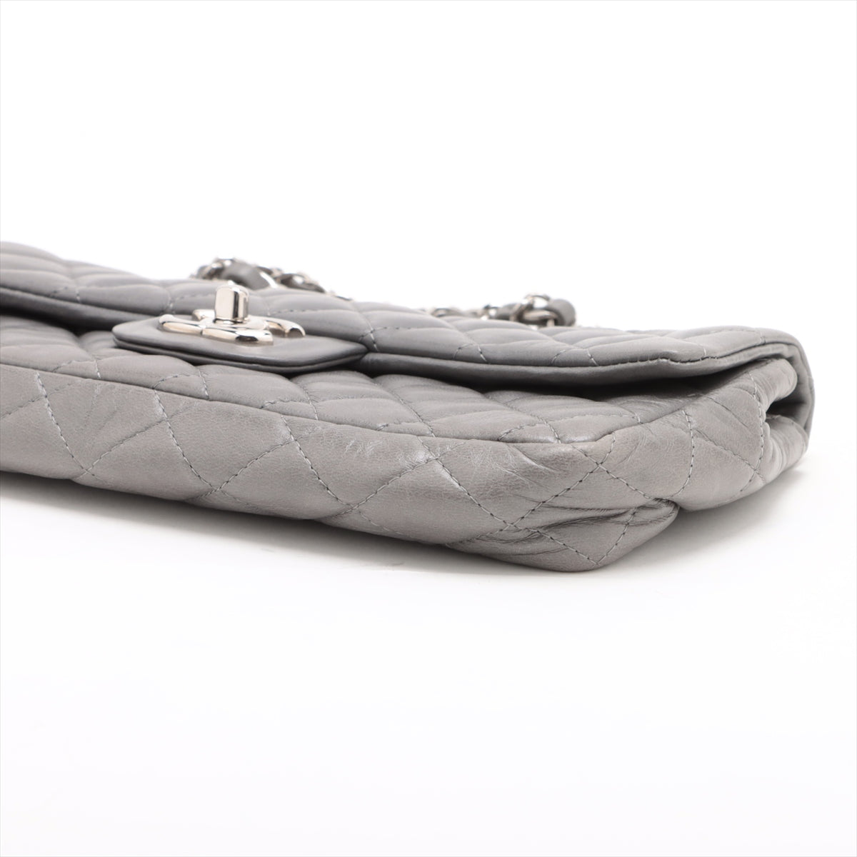 Pre-Owned Chanel Matelasse Lambskin Single Flap Double Chain Bag Gray Silver Metal