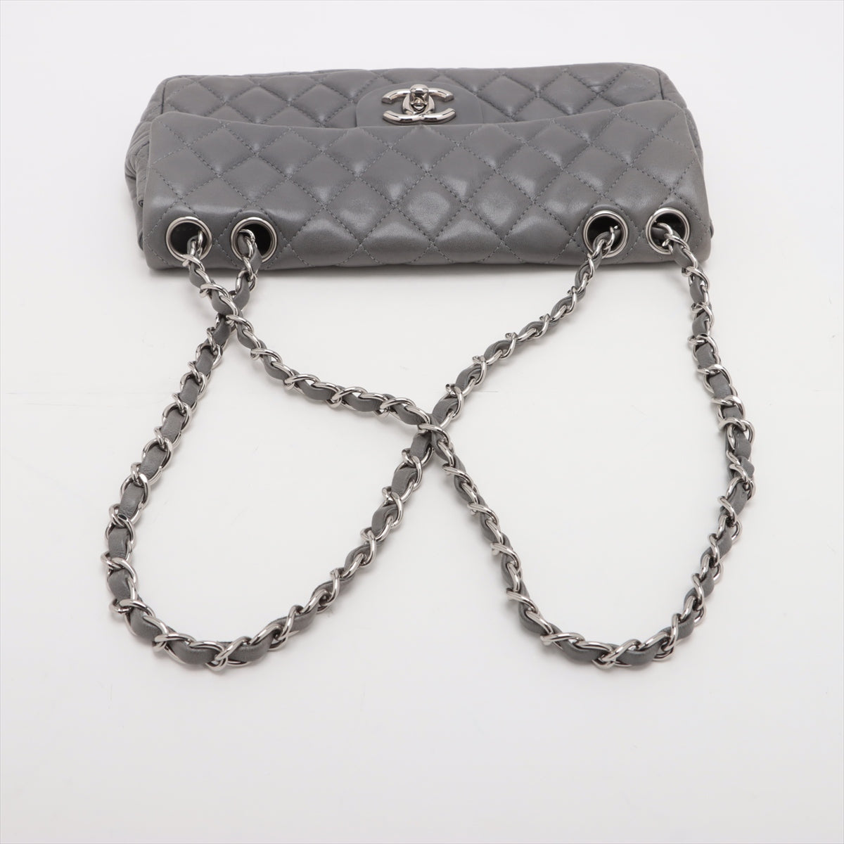 Pre-Owned Chanel Matelasse Lambskin Single Flap Double Chain Bag Gray Silver Metal