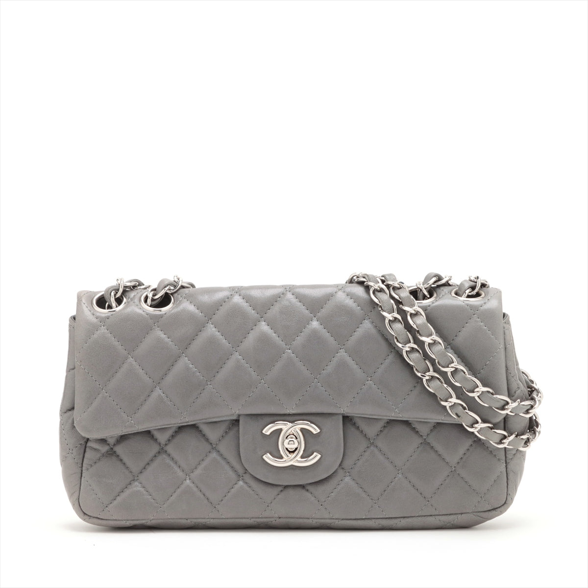 Pre-Owned Chanel Matelasse Lambskin Single Flap Double Chain Bag Gray Silver Metal