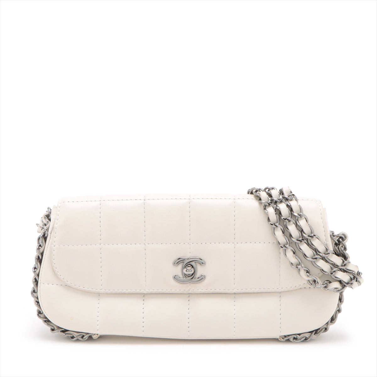 Pre-Owned Chanel Chocolate Bar Lambskin Chain Shoulder Bag White Silver Metal