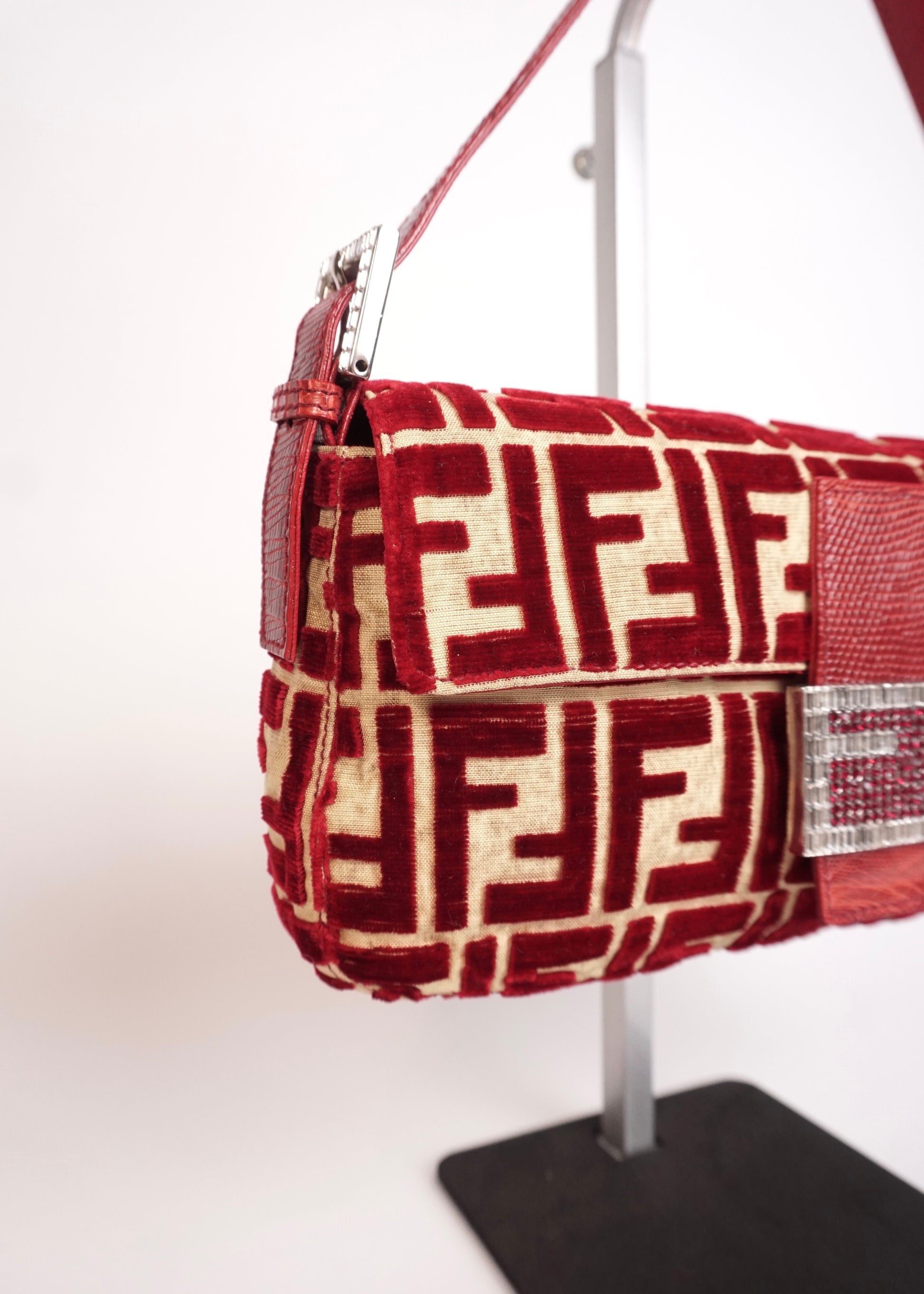 Pre-Owned Fendi Baguette Velvet Zucca Monogram Shoulder Bag Red with Rhinestone FF Buckle - Classic Charmers