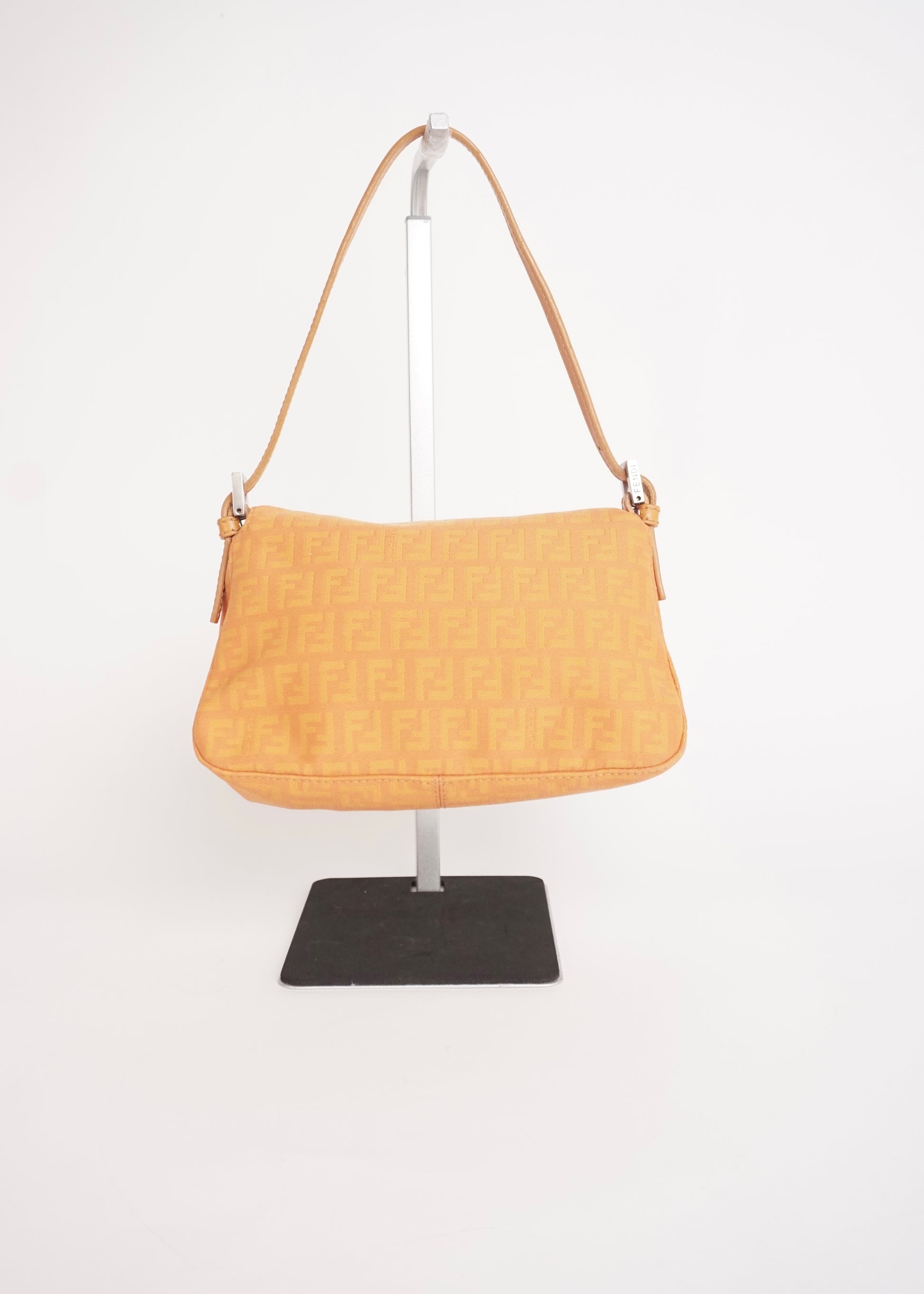 Pre-Owned Fendi Baguette Zucca Canvas Shoulder Bag Orange with Silver Hardware - Classic Charmers