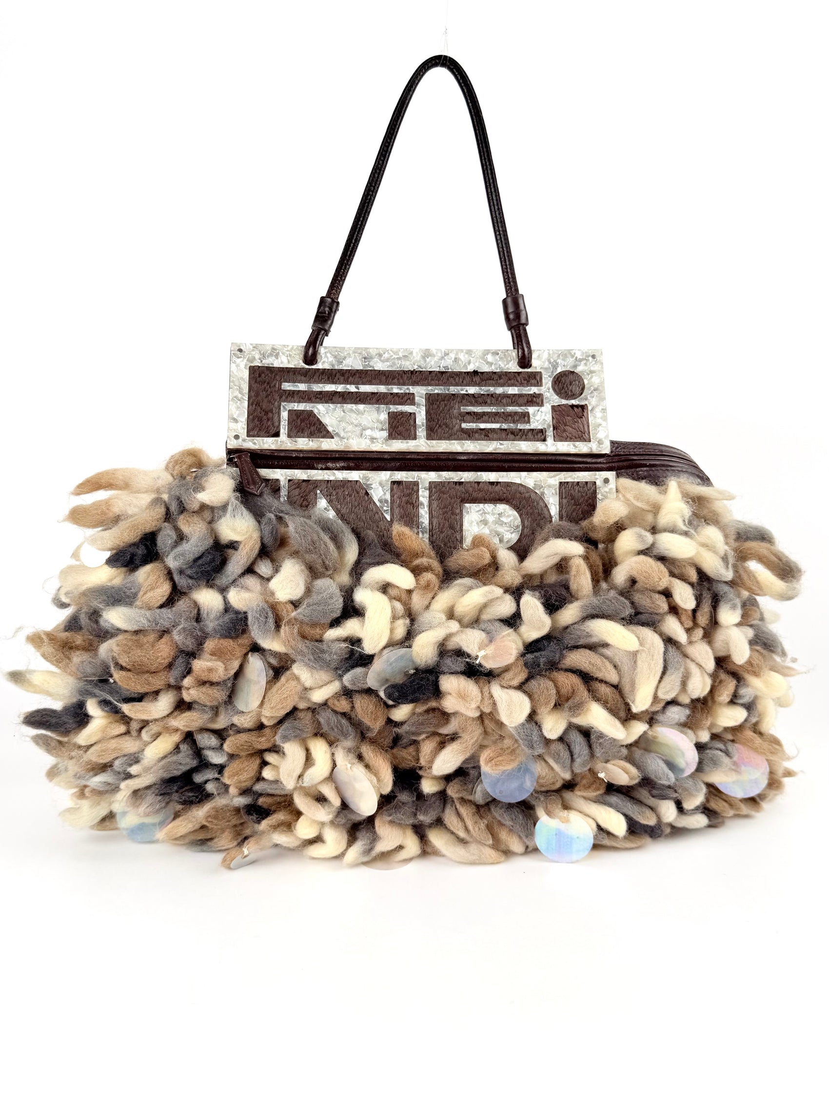 Fendi Fur Knit Acrylic Logo Handle Handbag Brown Multi