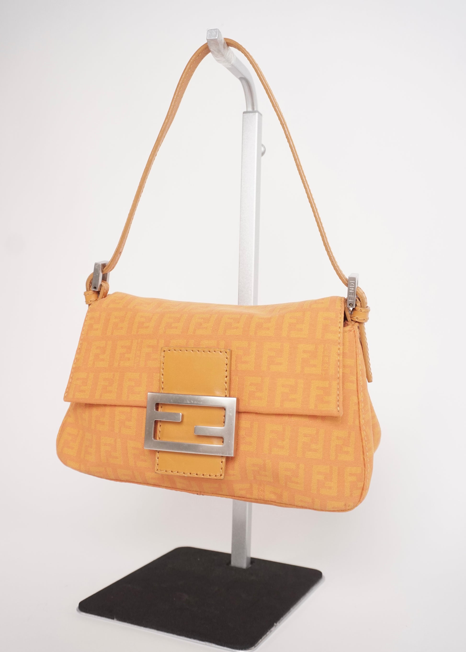 Pre-Owned Fendi Baguette Zucca Canvas Shoulder Bag Orange with Silver Hardware - Classic Charmers