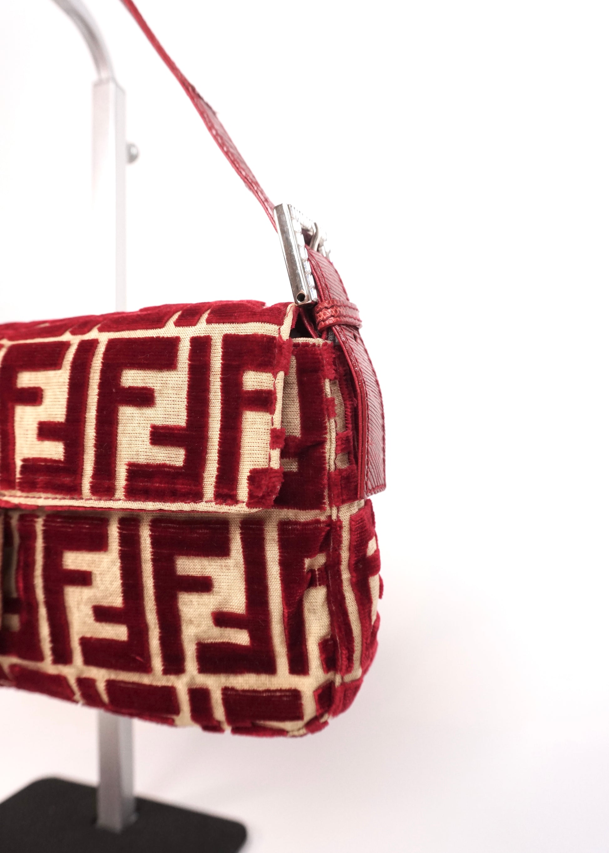 Pre-Owned Fendi Baguette Velvet Zucca Monogram Shoulder Bag Red with Rhinestone FF Buckle - Classic Charmers
