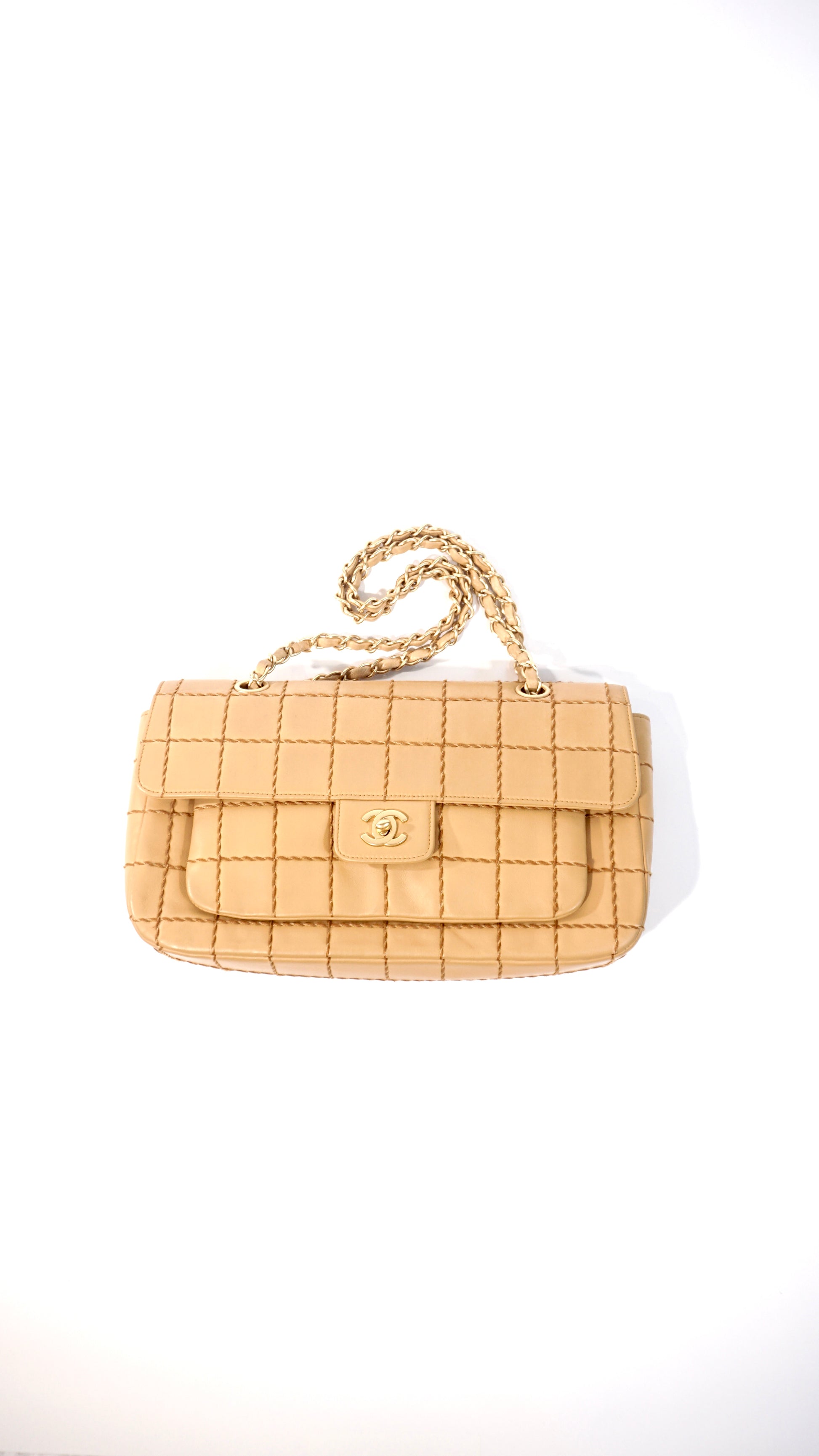 Pre-Owned Chanel Grid Stitch Classic Flap Shoulder Bag in Beige - Classic Charmers