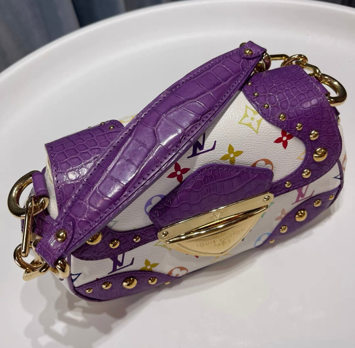 LOUIS VUITTON Limited Edition baby Purple Alligator White Monogram Multicolor Marilyn Bag