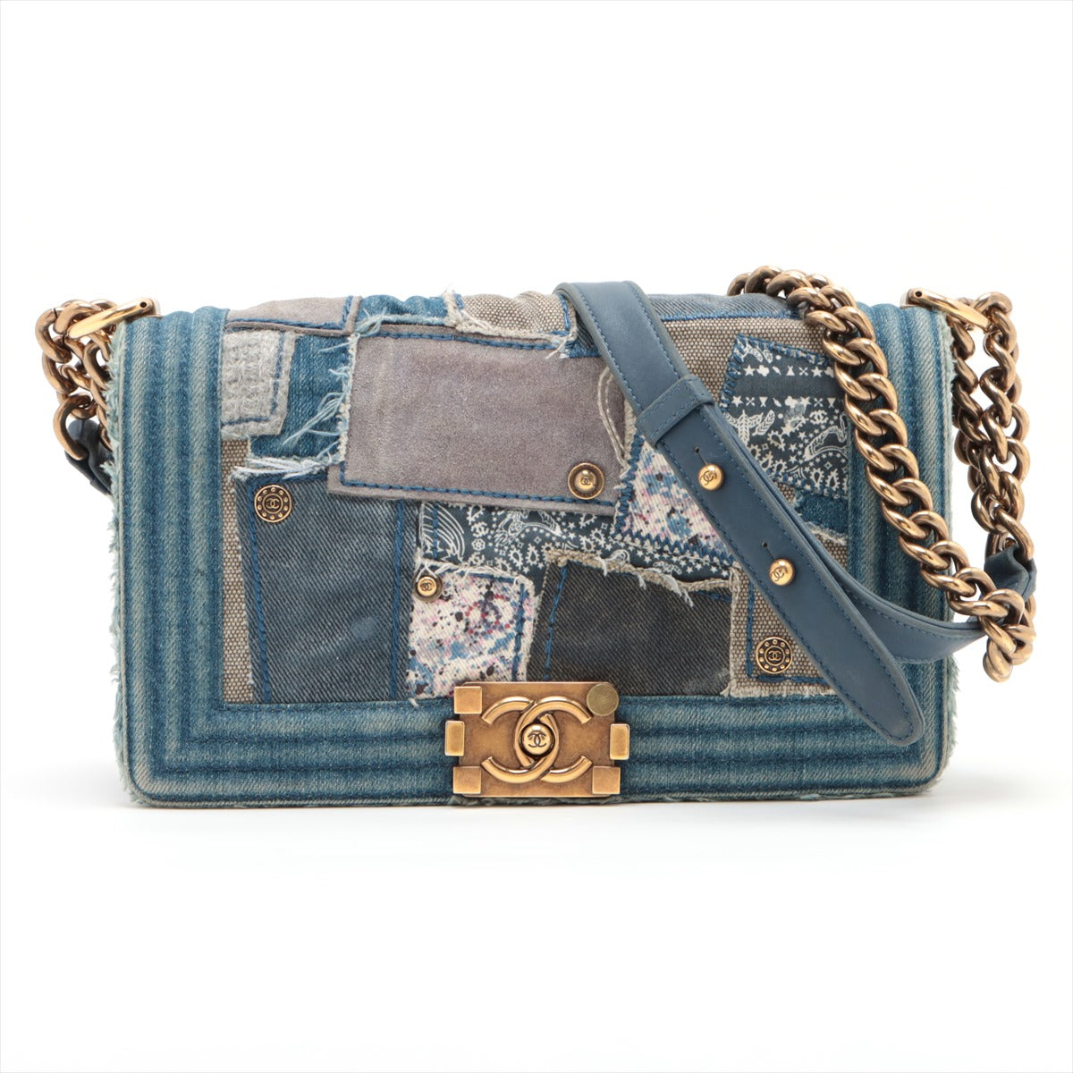 Pre-Owned Chanel Boy Chanel Denim Chain shoulder bag Patchwork Blue Gold Metal