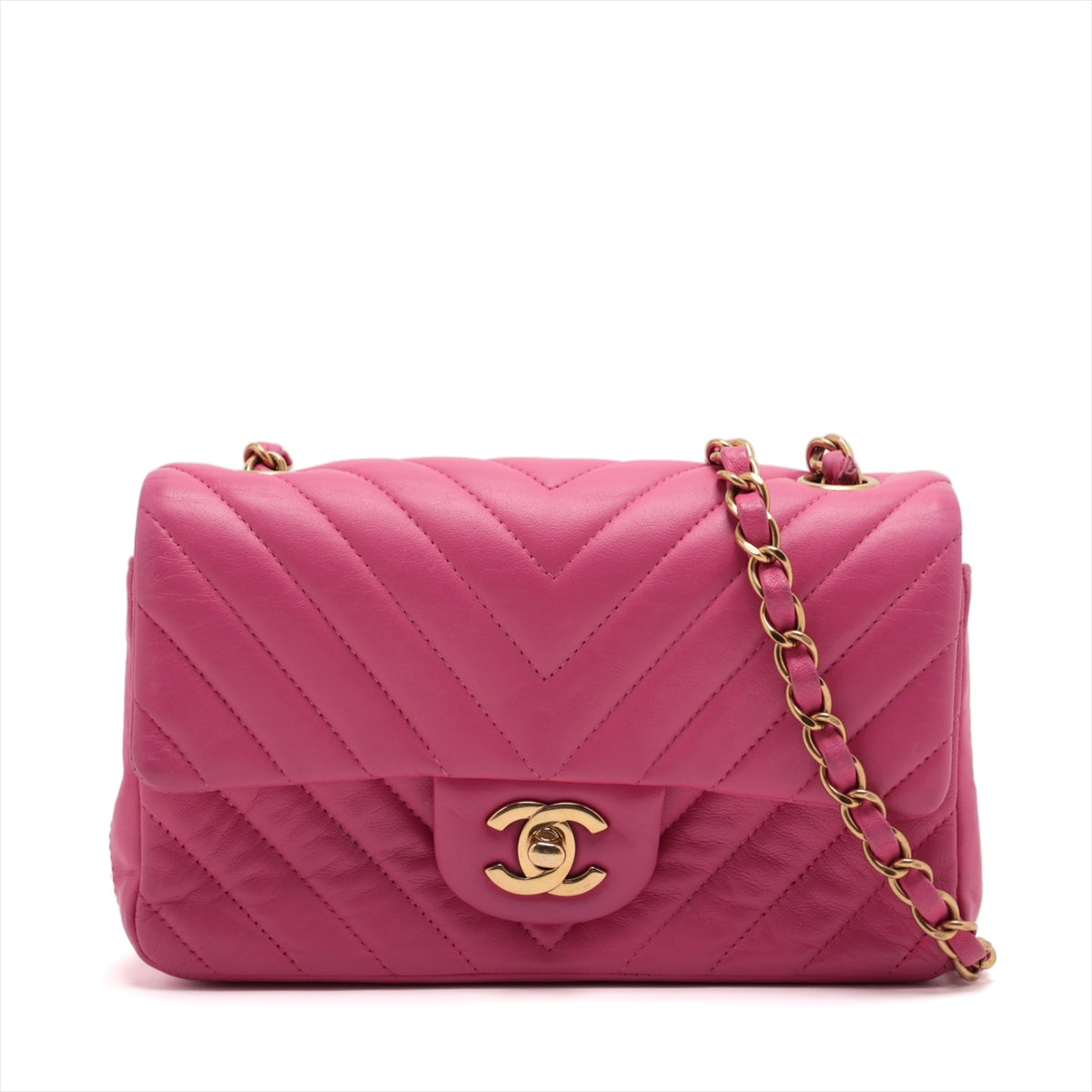 Pre-Owned Chanel Chevron Lambskin Single flap single chain bag Pink Gold Metal